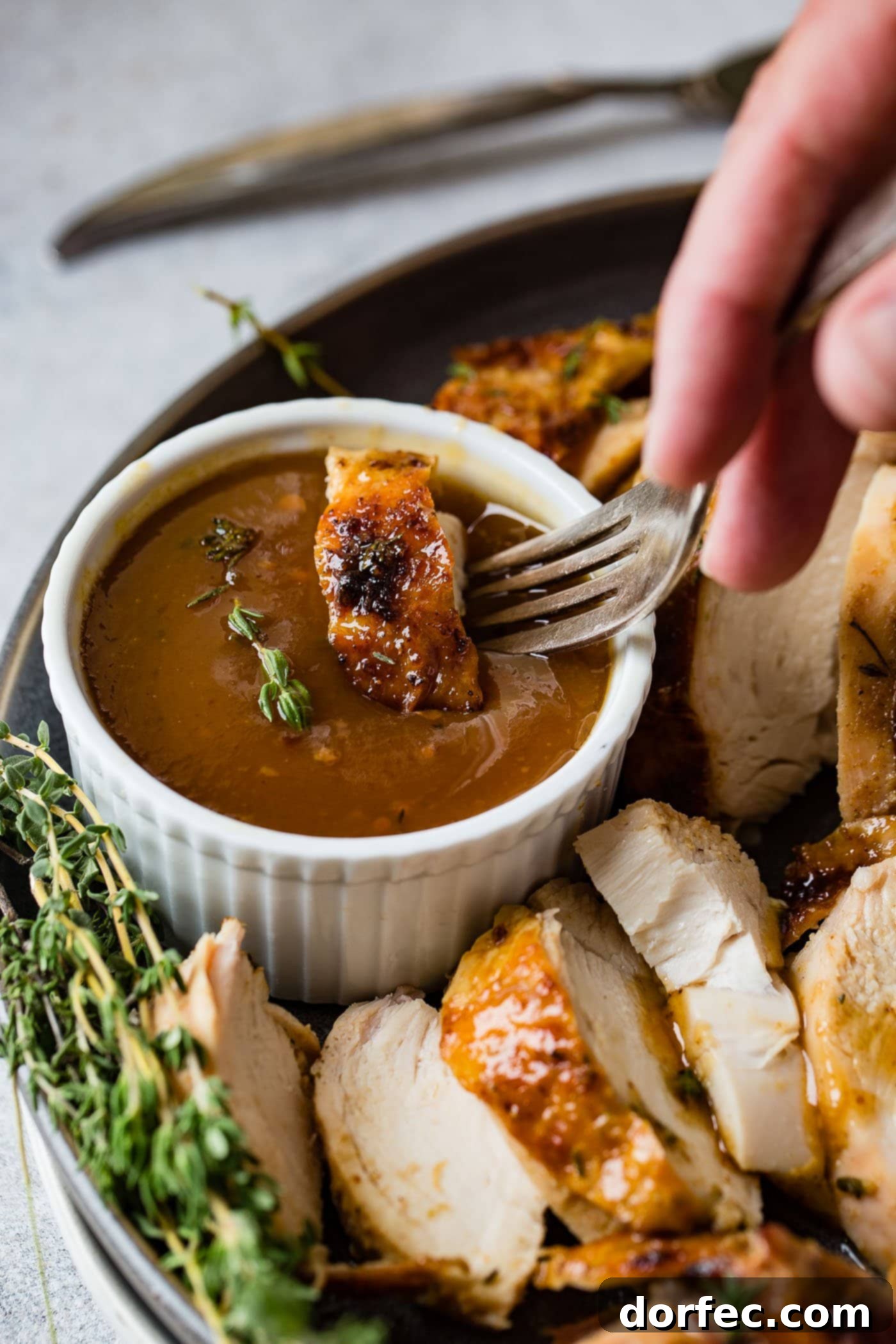 A small white bowl of rich gravy is centrally placed, surrounded by succulent slices of Traeger smoked chicken, garnished with fresh thyme. A fork dips a piece of chicken into the gravy, highlighting its appeal.