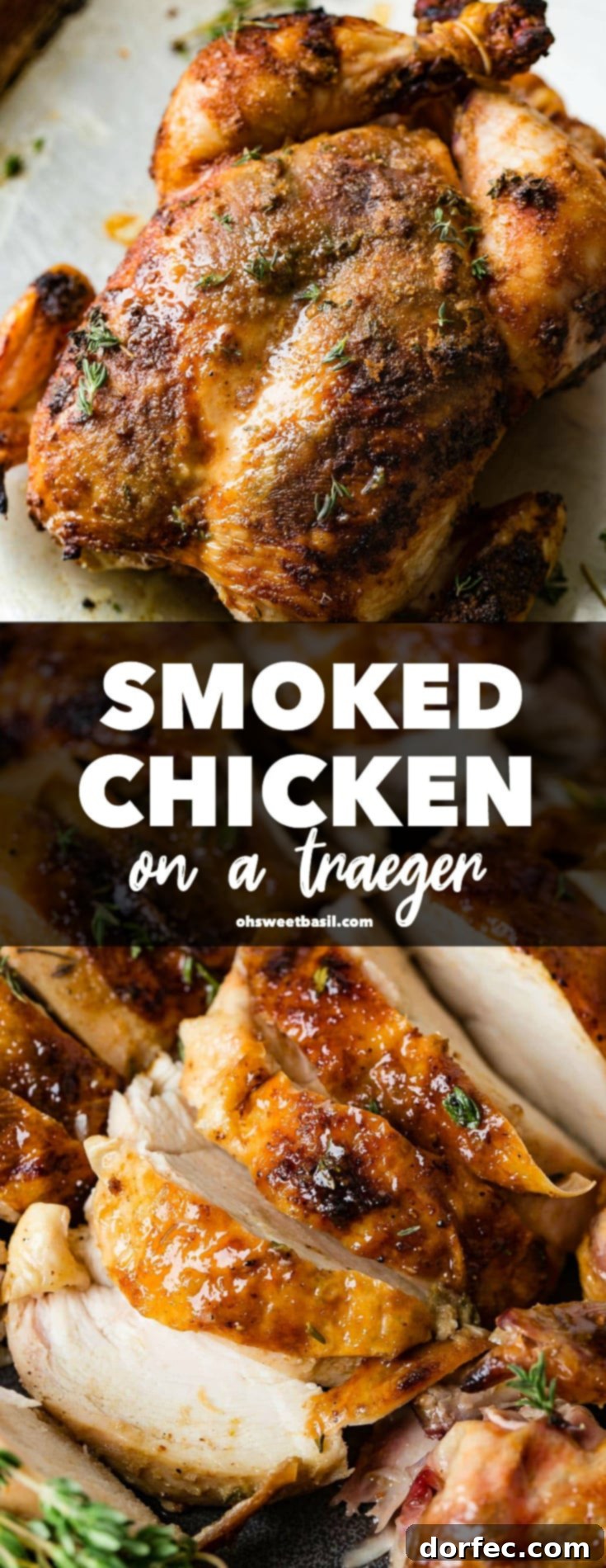 A beautifully smoked whole chicken, cooked to a rich dark golden-brown, presented with fresh thyme sprigs. A small bowl of gravy is elegantly placed beside the chicken, inviting diners to indulge.