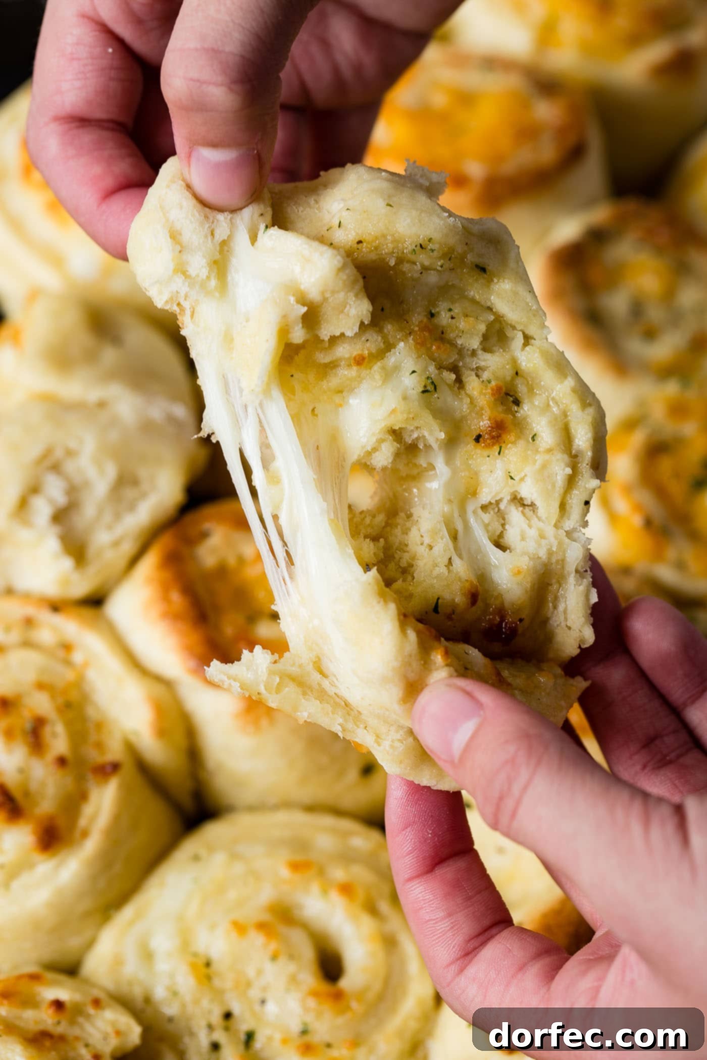A piece of cheesy garlic bread being pulled apart to expose the melted mozzarella cheese.