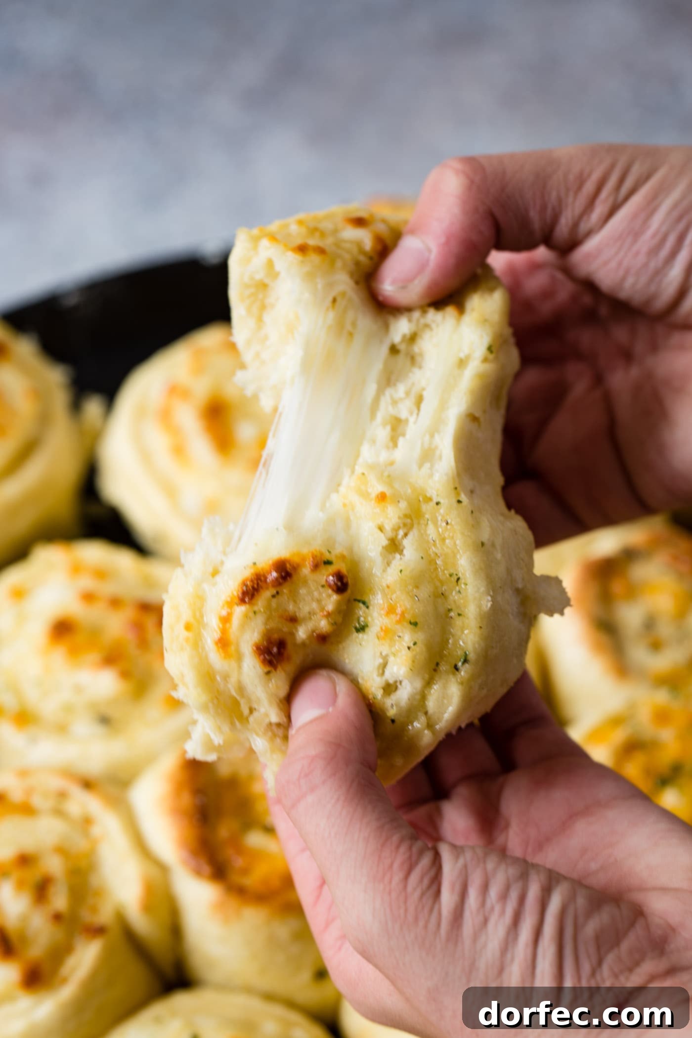 A cheese doodle being pulled apart so you can see the melty mozzarella cheese in side. The bread is golden brown and a pan full of cheese doodles are below it.