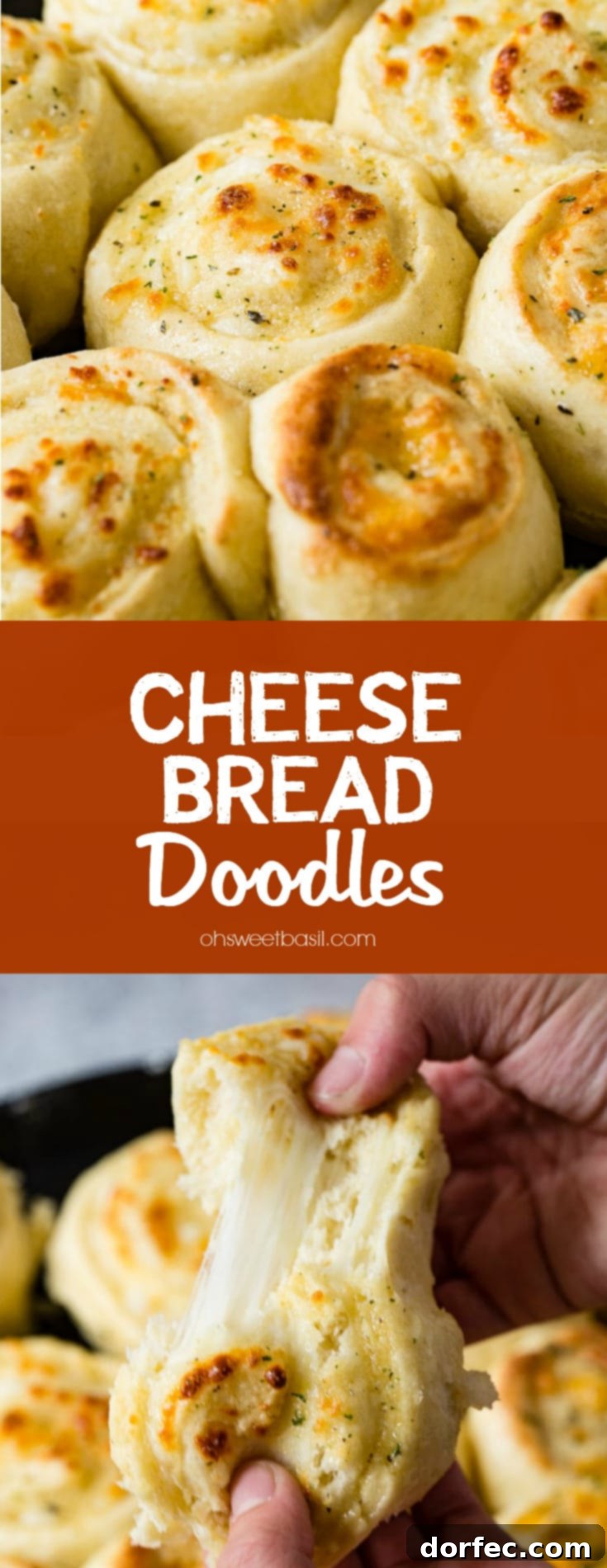 A pan of golden brown baked cheese doodle cheesy garlic bread. The cheese doodles are like cinnamon rolls filled with mozzarella cheese.