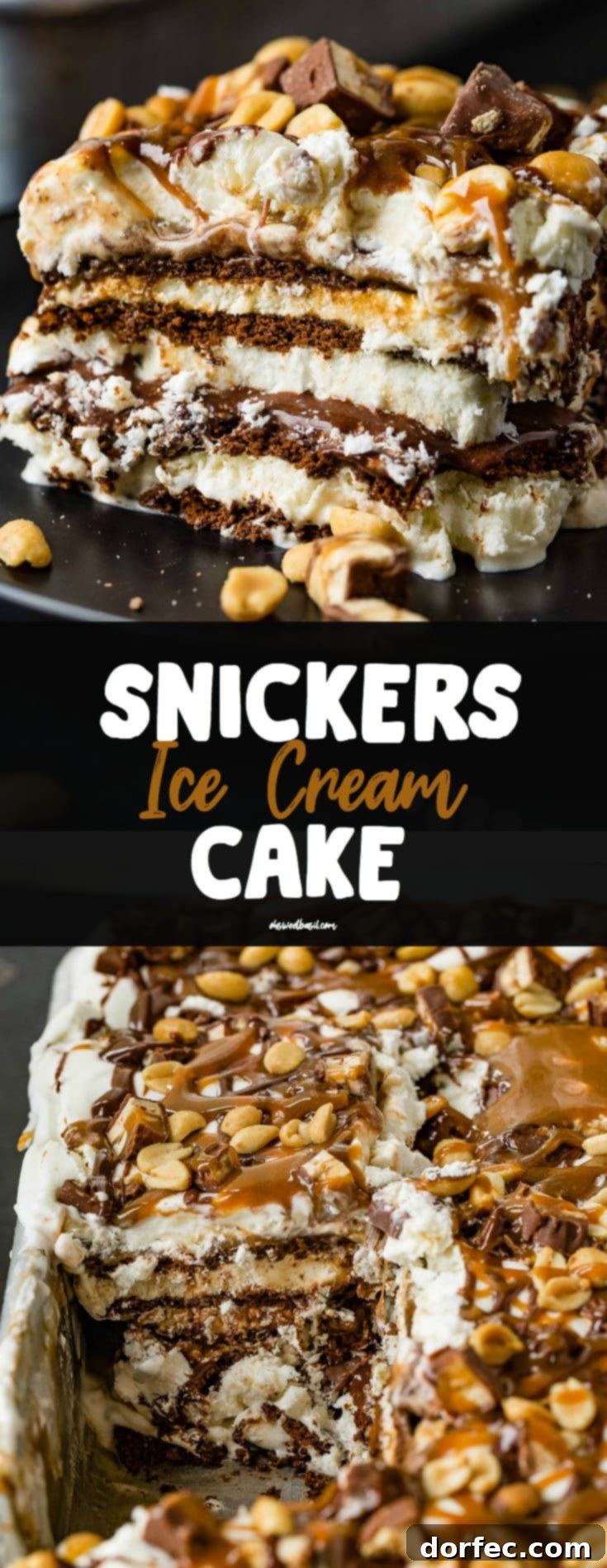 A large, square piece of Snickers Ice Cream Cake rests on a rustic brown dessert plate, front and center, inviting indulgence. Layers of chocolate cookie, creamy ice cream, rich hot fudge, sweet caramel, and fluffy whipped cream are perfectly stacked, with a generous topping of more hot fudge, caramel drizzles, and crunchy salted peanuts. In the soft-focus background, the remaining cake in its pan promises more delicious servings.
