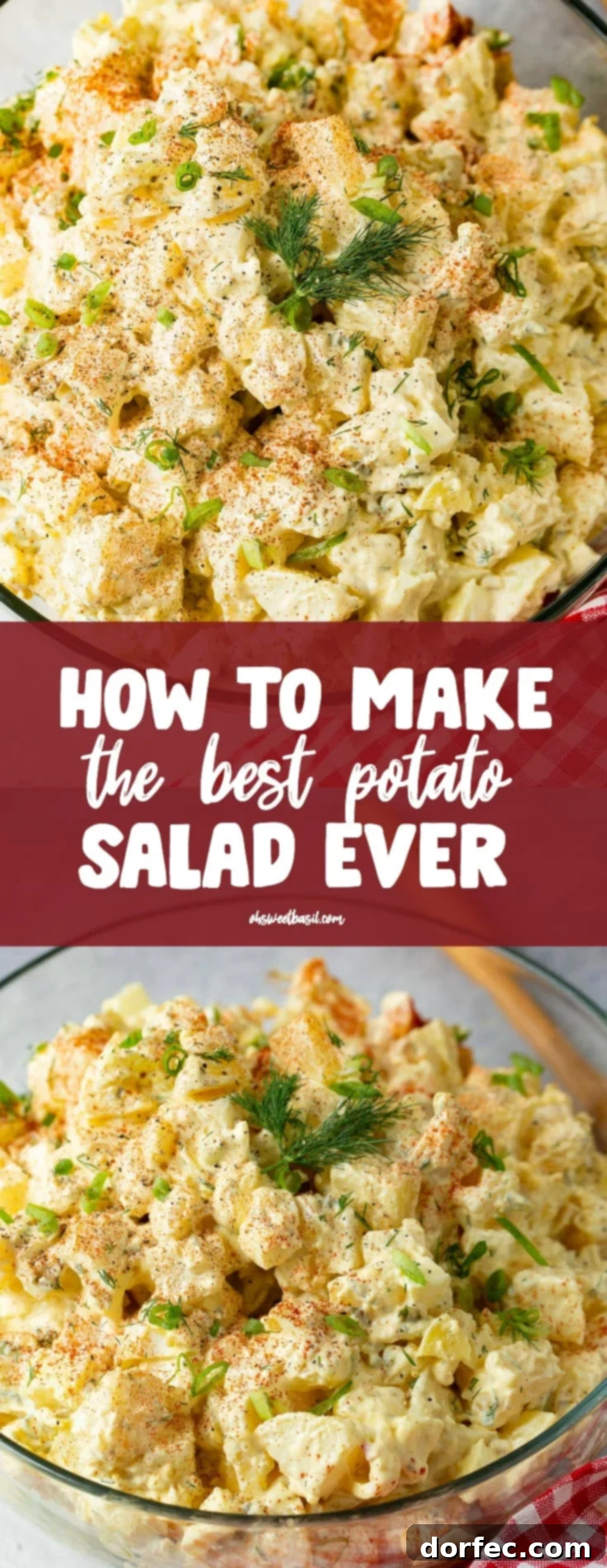 The Only Potato Salad Recipe You'll Ever Need 8 A glass serving bowl of potato salad. There are potato chunks, chopped eggs, and fresh dill in the salad and it is sprinkled with paprika and fresh parsley leaves. The bowl is sitting on a table next to a red checked napkin. A wooden spoon is also laying on the table.