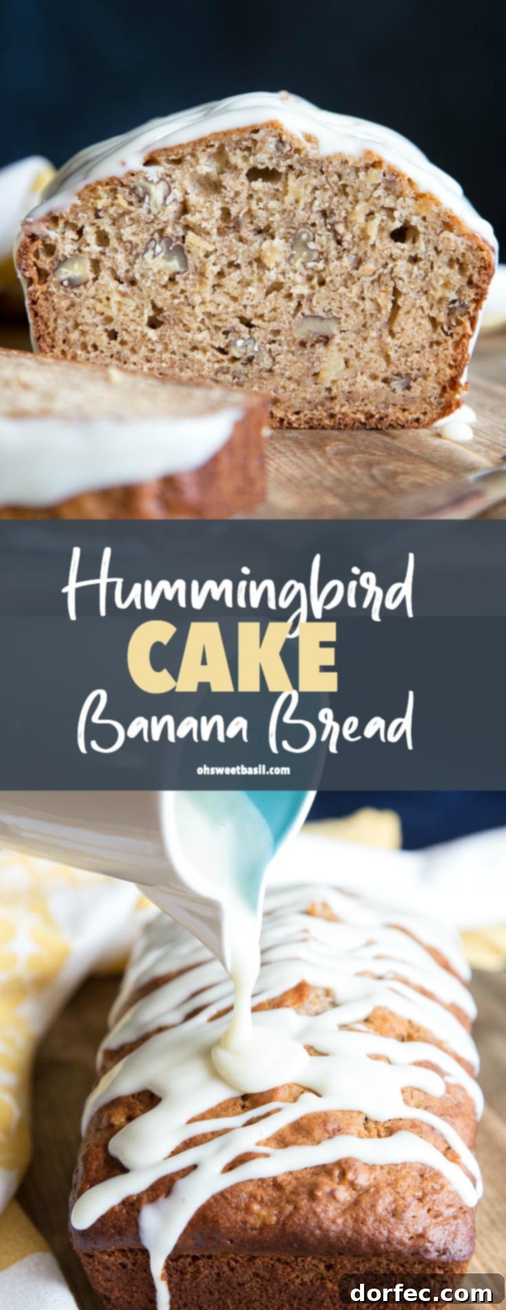 Close-up of beautifully garnished slices of Hummingbird Cake Banana Bread on a cutting board, ready to be enjoyed.