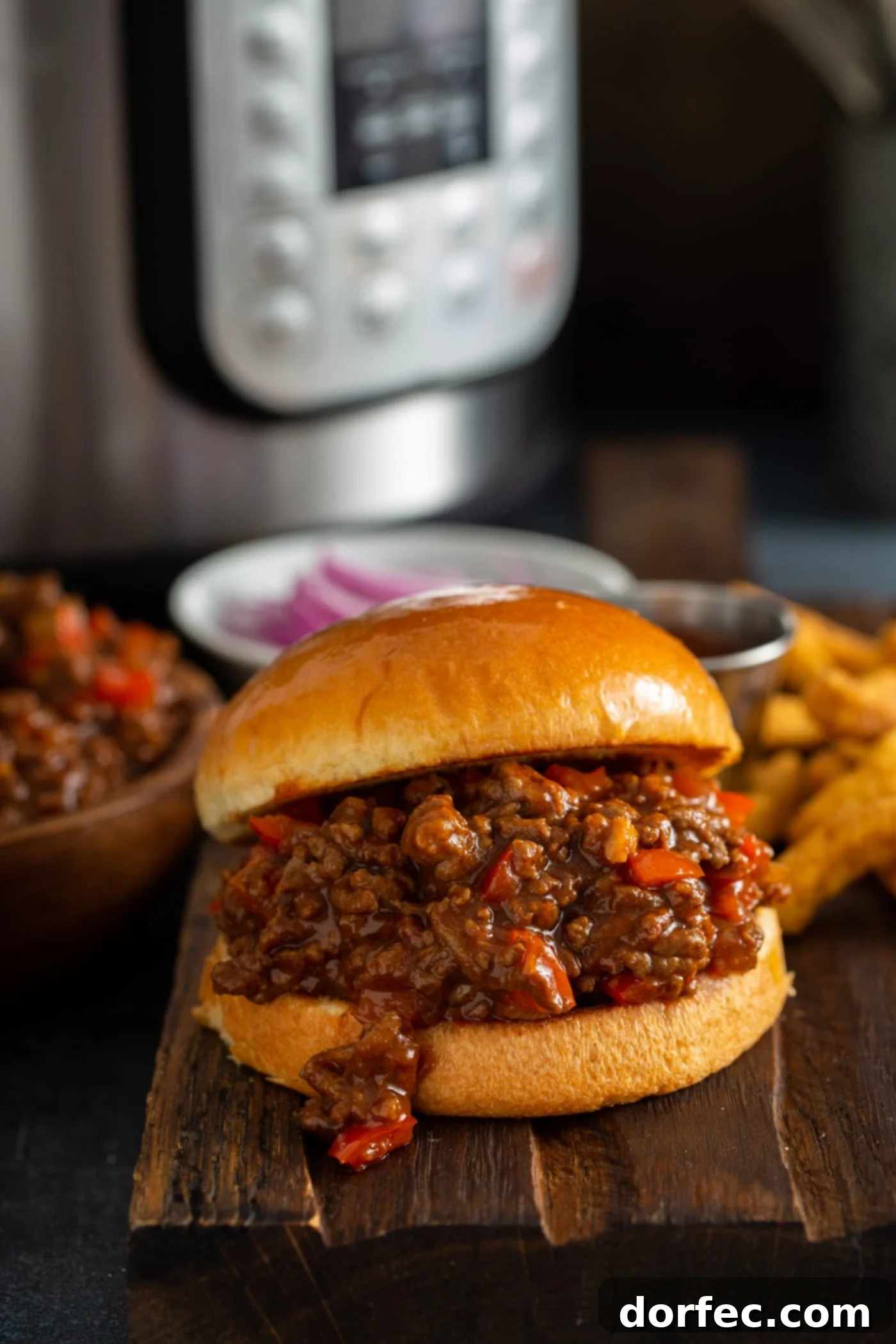 Instant Pot Sloppy Joes A toasted bun filled with sloppy joes filling. there is a bowl of sloppy joe, a bowl of sliced red onions, some french fries and an instant pot in the background.