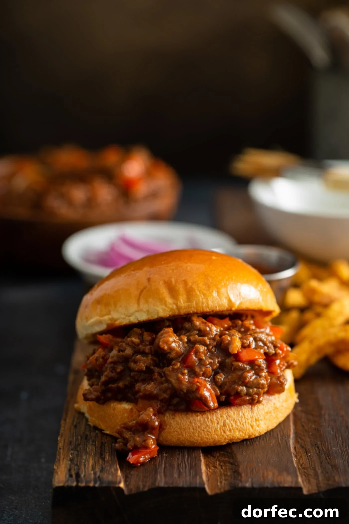 Instant Pot Sloppy Joes A sloppy joe sandwich on a toasted bun. The browned hamburger has chunks of red bell peppers and is held together with a thick sauce. French fries and a bowl of sliced red onions are in the background.
