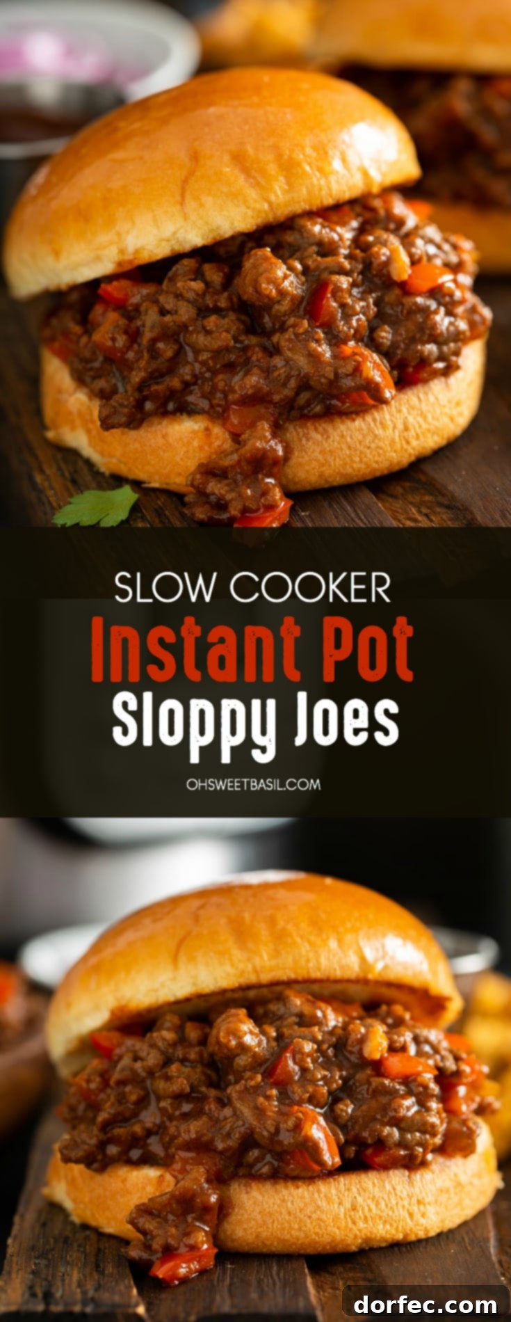 Effortless Instant Pot Sloppy Joes 2 Sloppy joe on a toasted bun. The sloppy joe filling has browned ground beef and chopped red bell peppers in a thick sauce. There is an instant pot sitting behind the sloppy joe.
