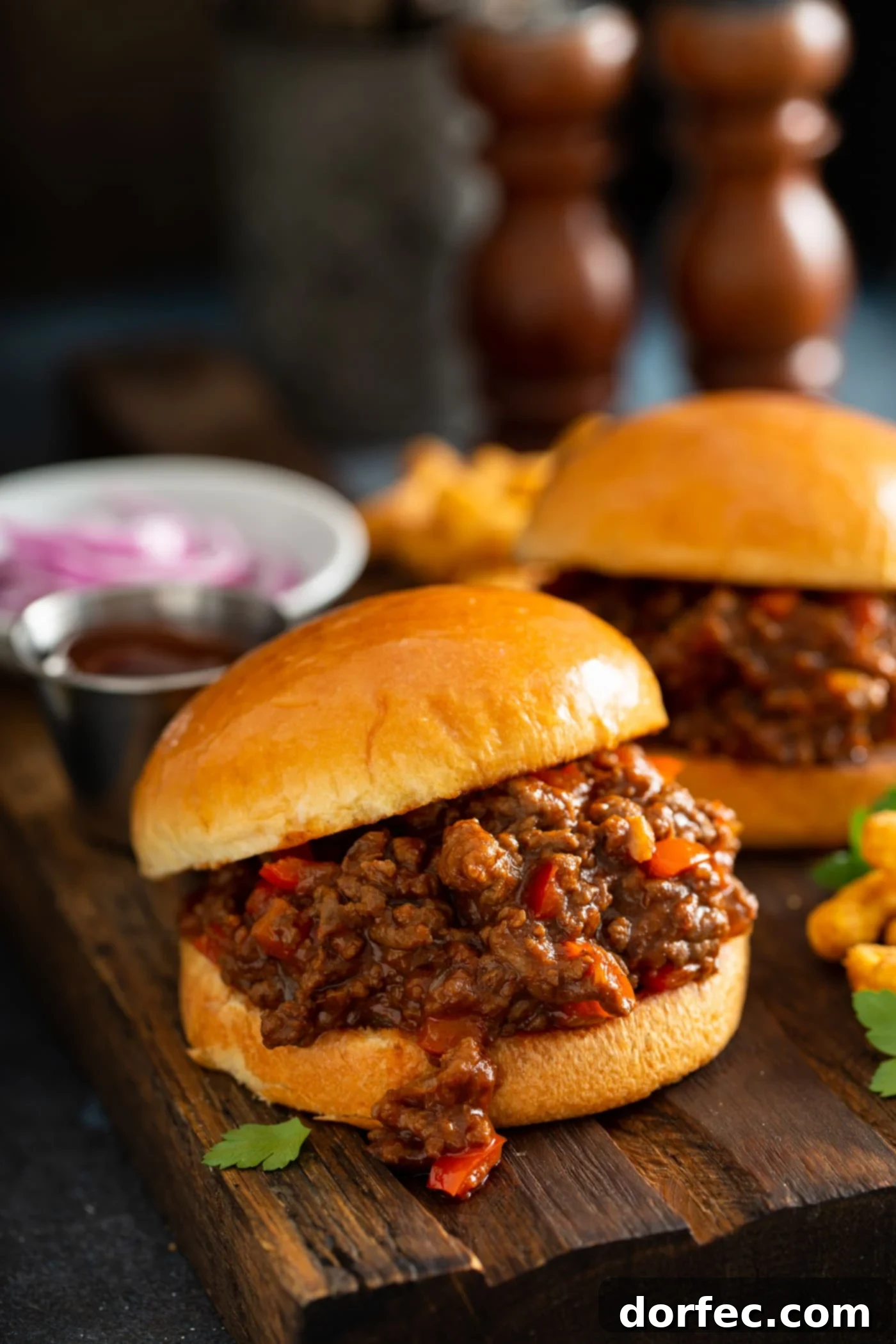 Instant Pot Sloppy Joes Two Instant Pot sloppy joes on toasted buns. The browned ground beef has chunks of red bell pepper and a thick sauce. There are french fries next to the sandwiches and sliced onions and sauce in the background.