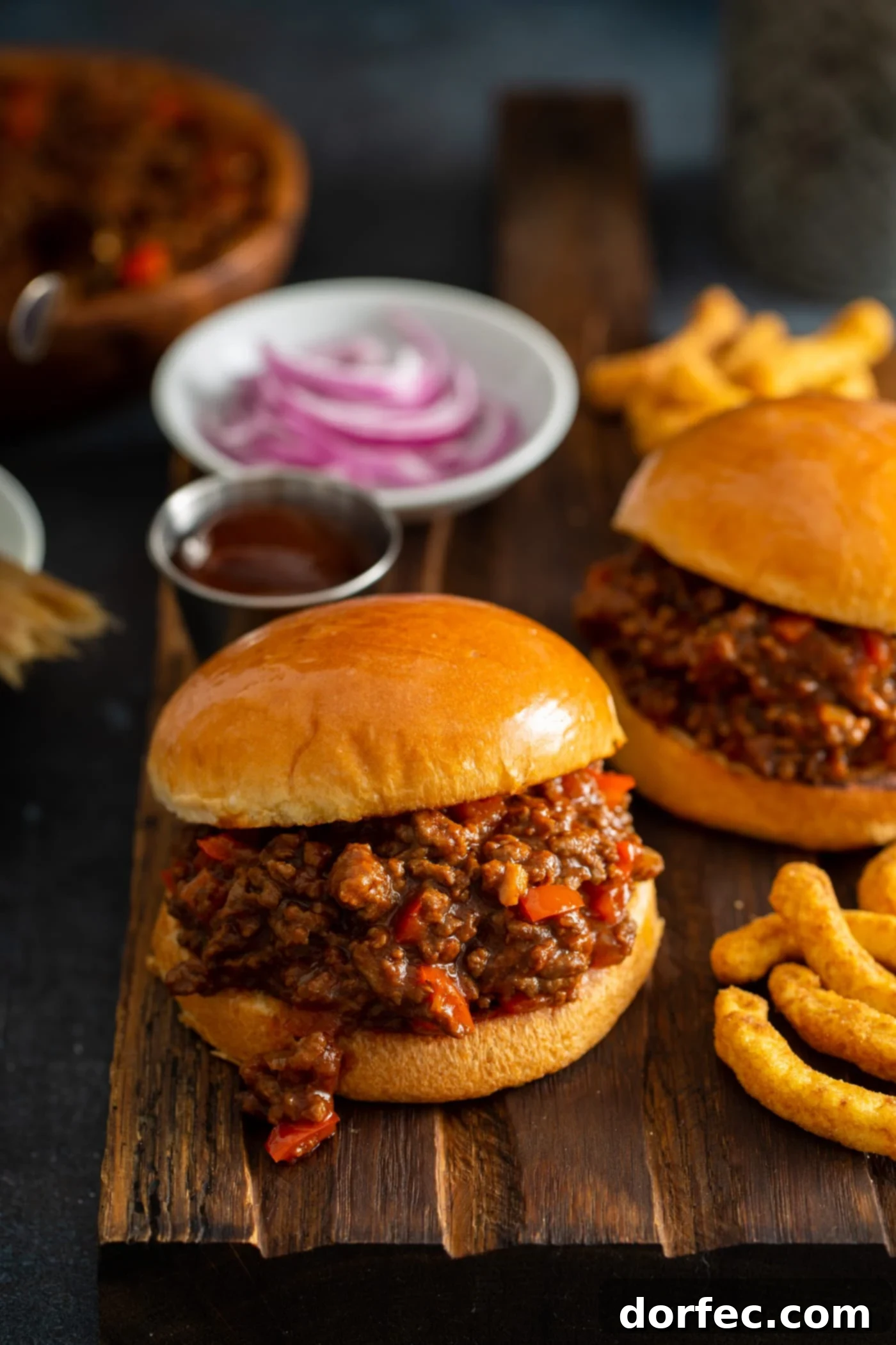 Instant Pot Sloppy Joes Two sloppy joe sandwiches on toasted buns. there are chunks of red bell peppers in the browned ground beef. French fries and sliced onions are on the table with the sloppy joes.