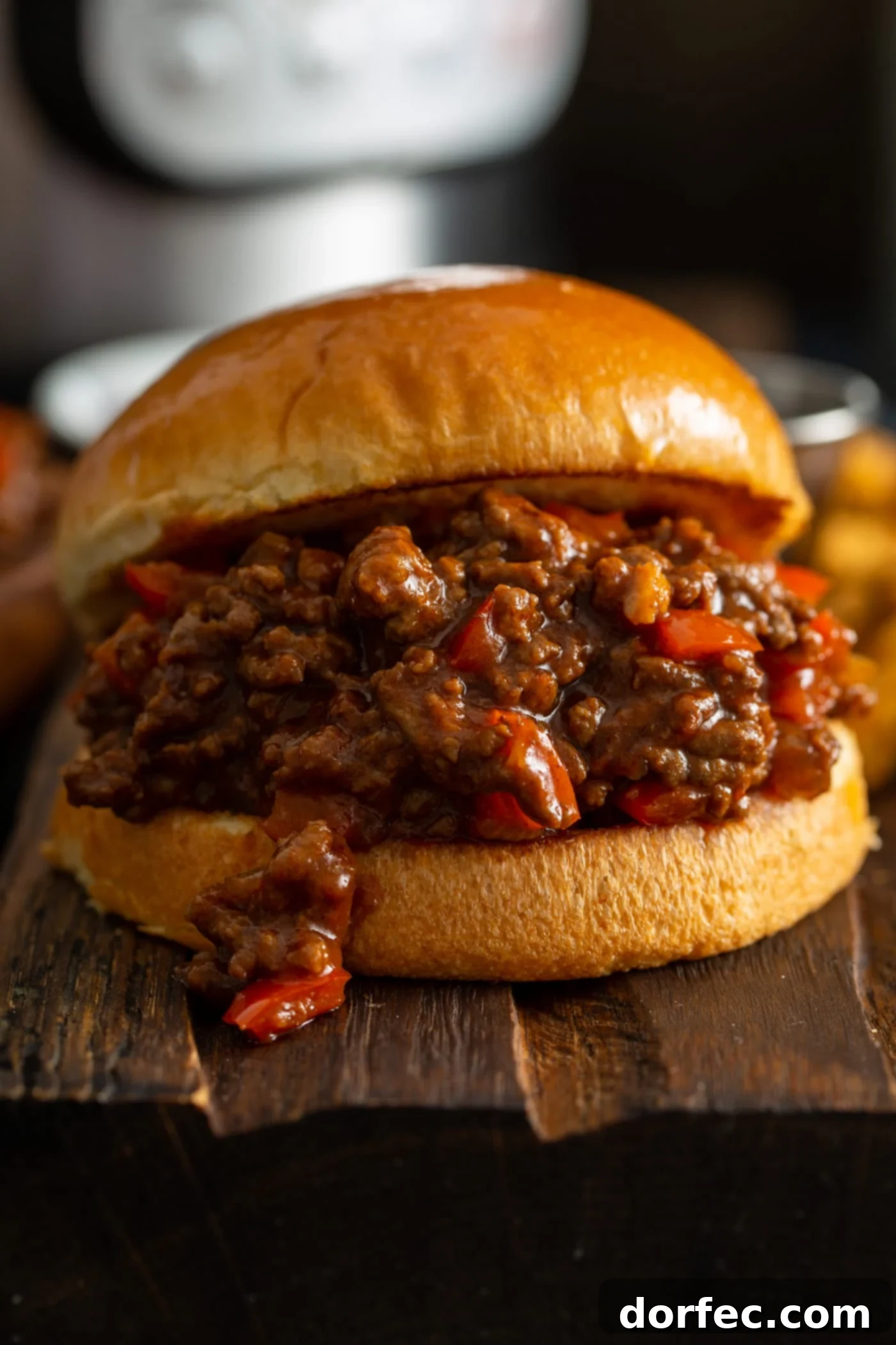 Instant Pot Sloppy Joes A toasted bun overflowing with sloppy joe filling. The browned hamburger has chunks of red bell pepper and a thick sauce. An instant pot is in the background.