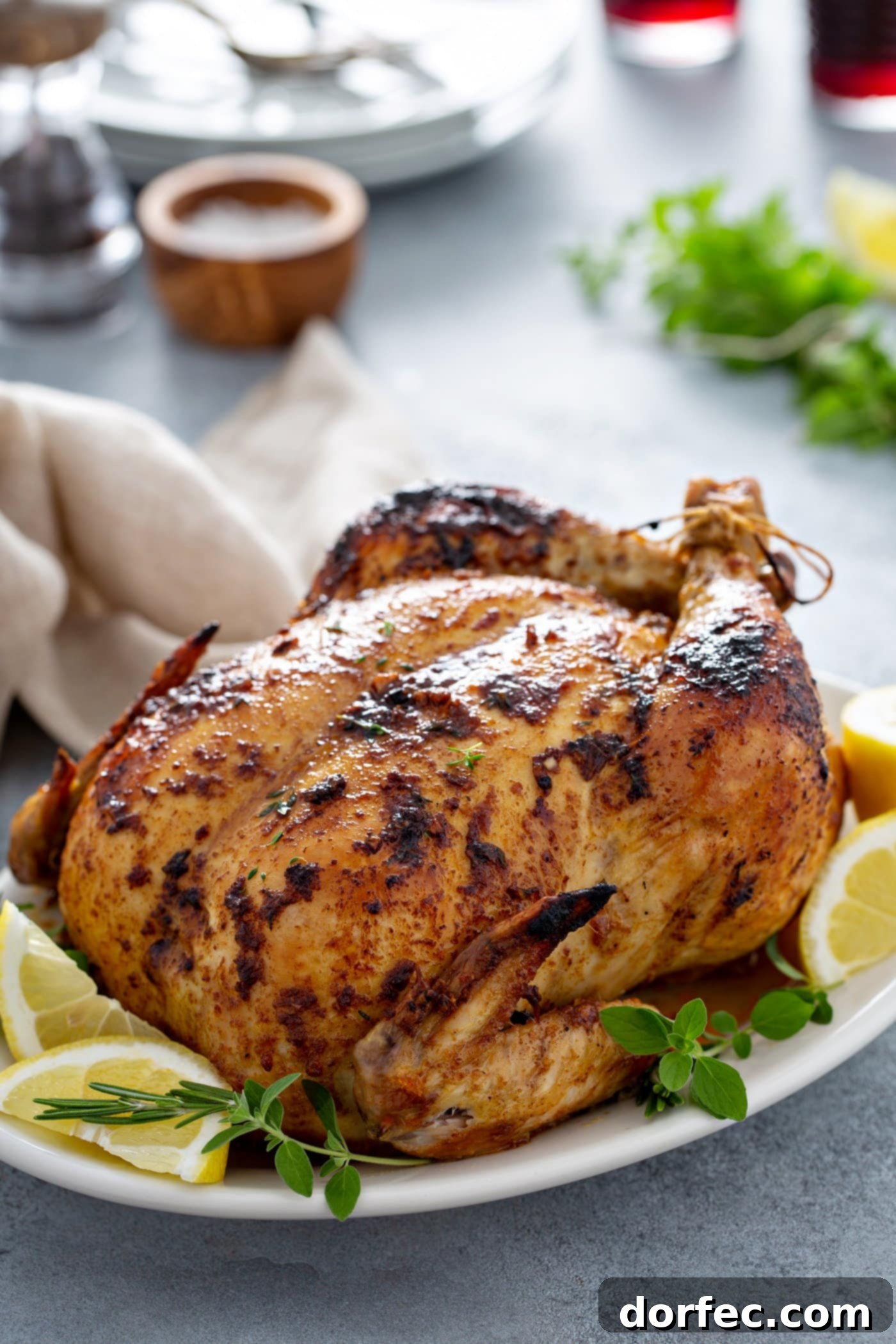 A perfectly golden-brown whole roasted chicken rests on a white platter, garnished with vibrant lemon wedges and fresh sprigs of thyme. A linen napkin, salt, pepper, and more fresh thyme adorn the table beside it.