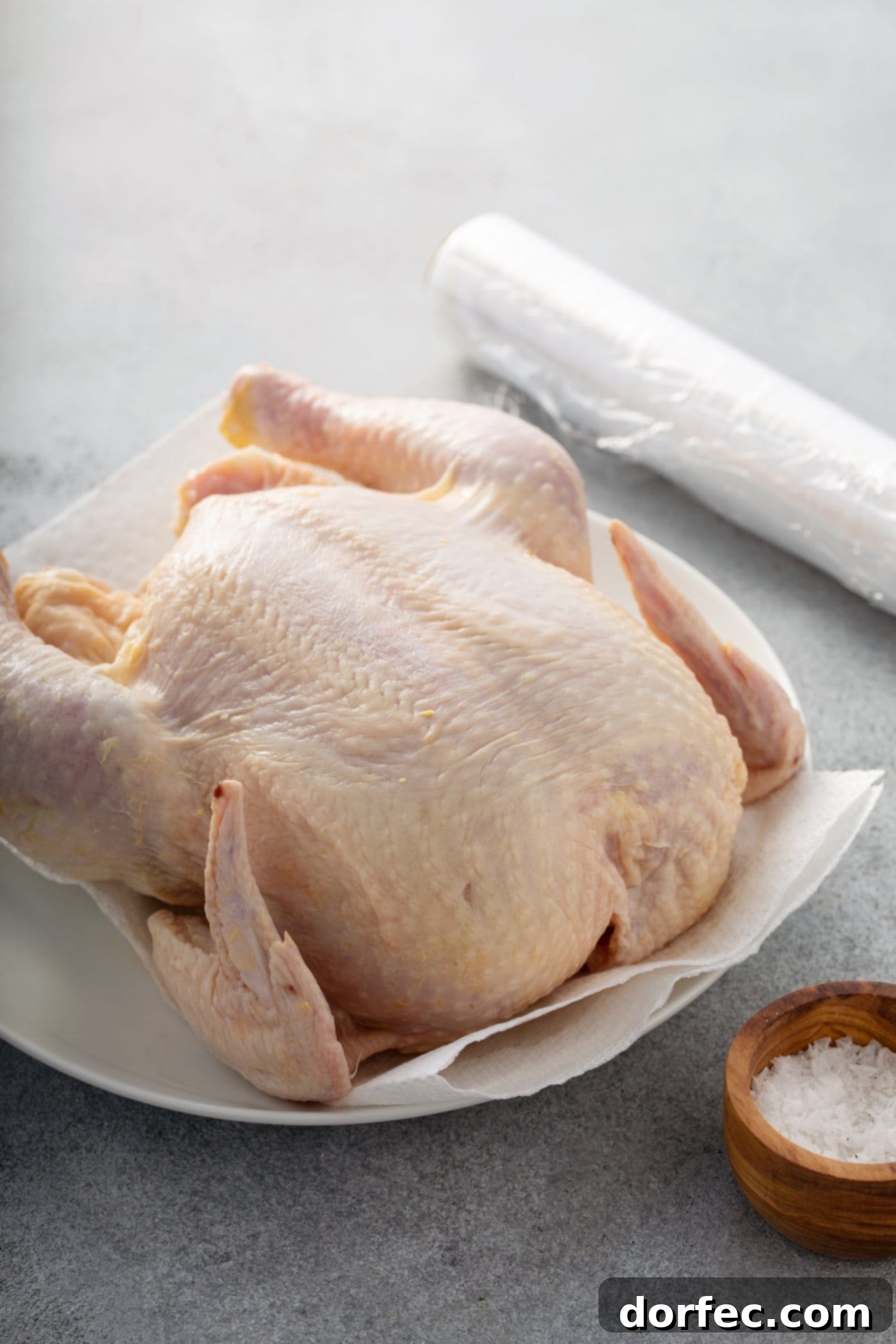 A raw, whole chicken prepped for roasting, resting on a sheet of parchment paper. A roll of parchment paper and a small wooden bowl of kosher salt are placed beside it.
