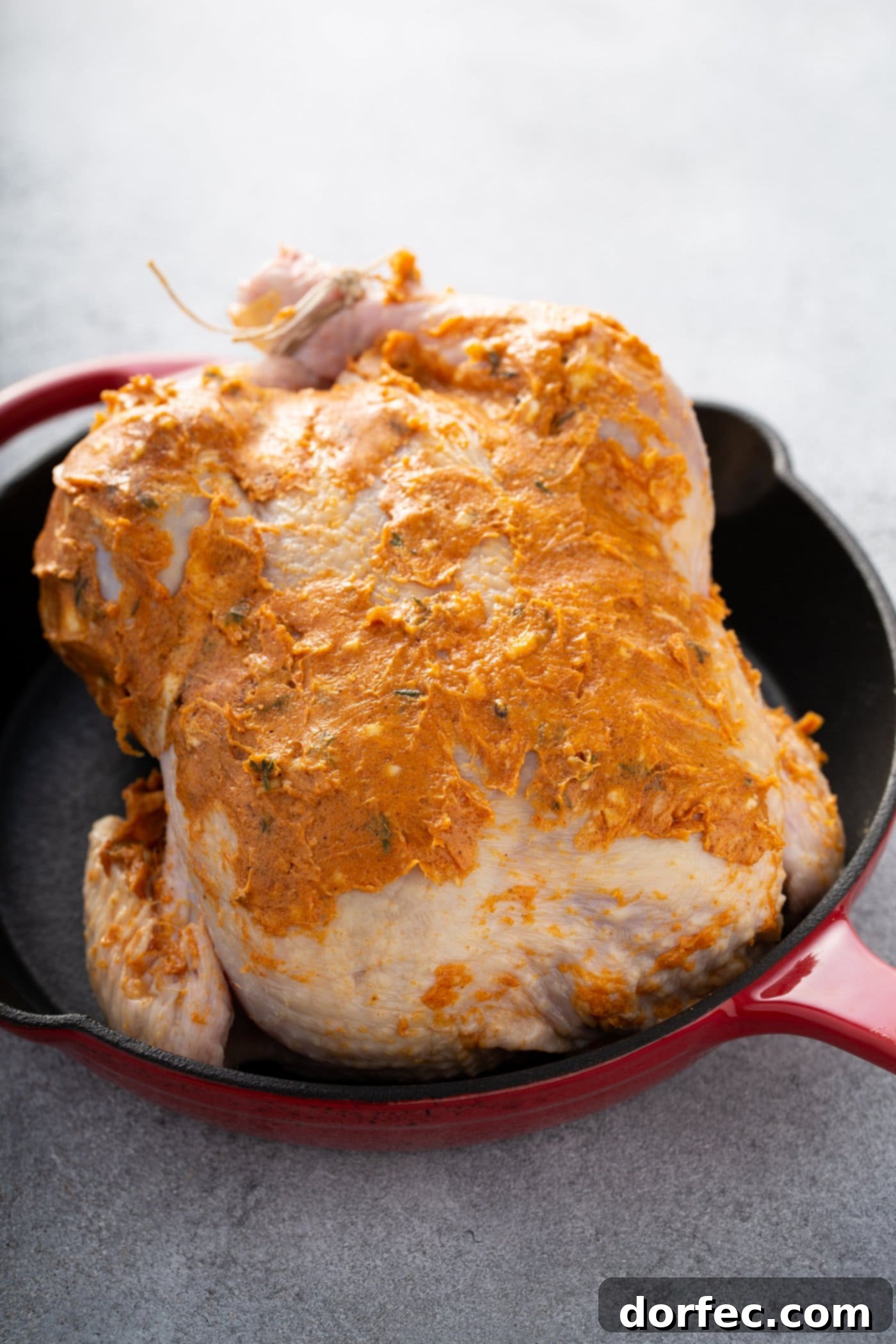 A whole chicken, expertly prepped for roasting, showcases a rich, spiced rub generously applied into and onto the skin. It rests perfectly within a vibrant red Dutch Oven, ready for the oven.
