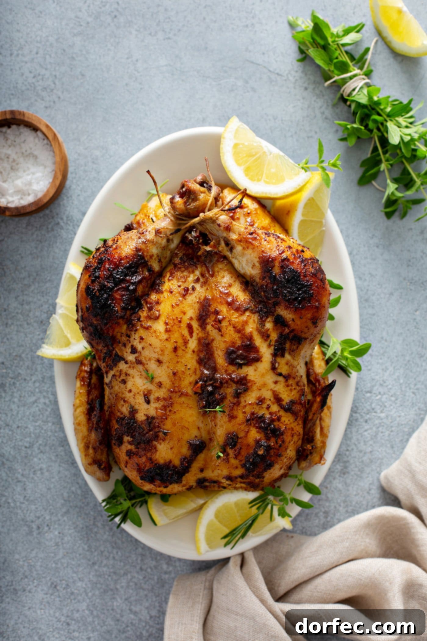 A magnificent whole roasted chicken graces a pristine white platter, surrounded by vibrant lemon wedges and fresh sprigs of thyme. A small container of salt sits elegantly beside the platter.