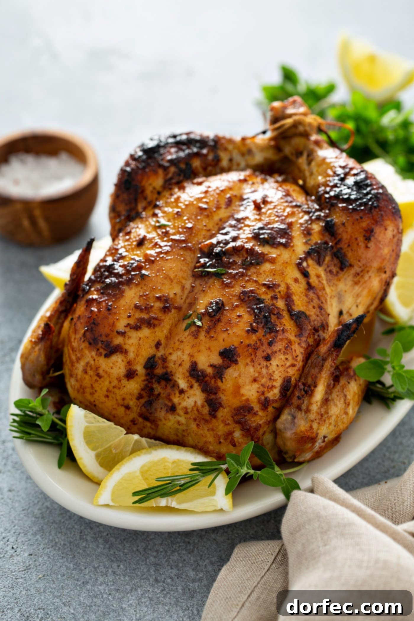 A beautifully roasted whole chicken on a white platter, surrounded by vibrant lemon wedges and fresh thyme. A wooden bowl of salt, a linen napkin, and additional thyme sprigs are thoughtfully arranged on the table next to the chicken.