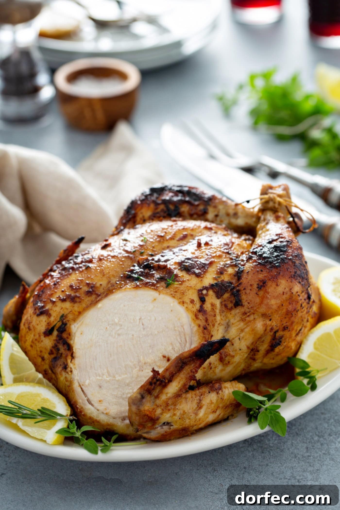 A whole roasted chicken, with a slice already taken from the breast, is presented on a white platter. It's elegantly garnished with fresh thyme and lemon wedges. A knife and fork, a linen napkin, salt, pepper, and more fresh thyme are arranged on the table beside the chicken.