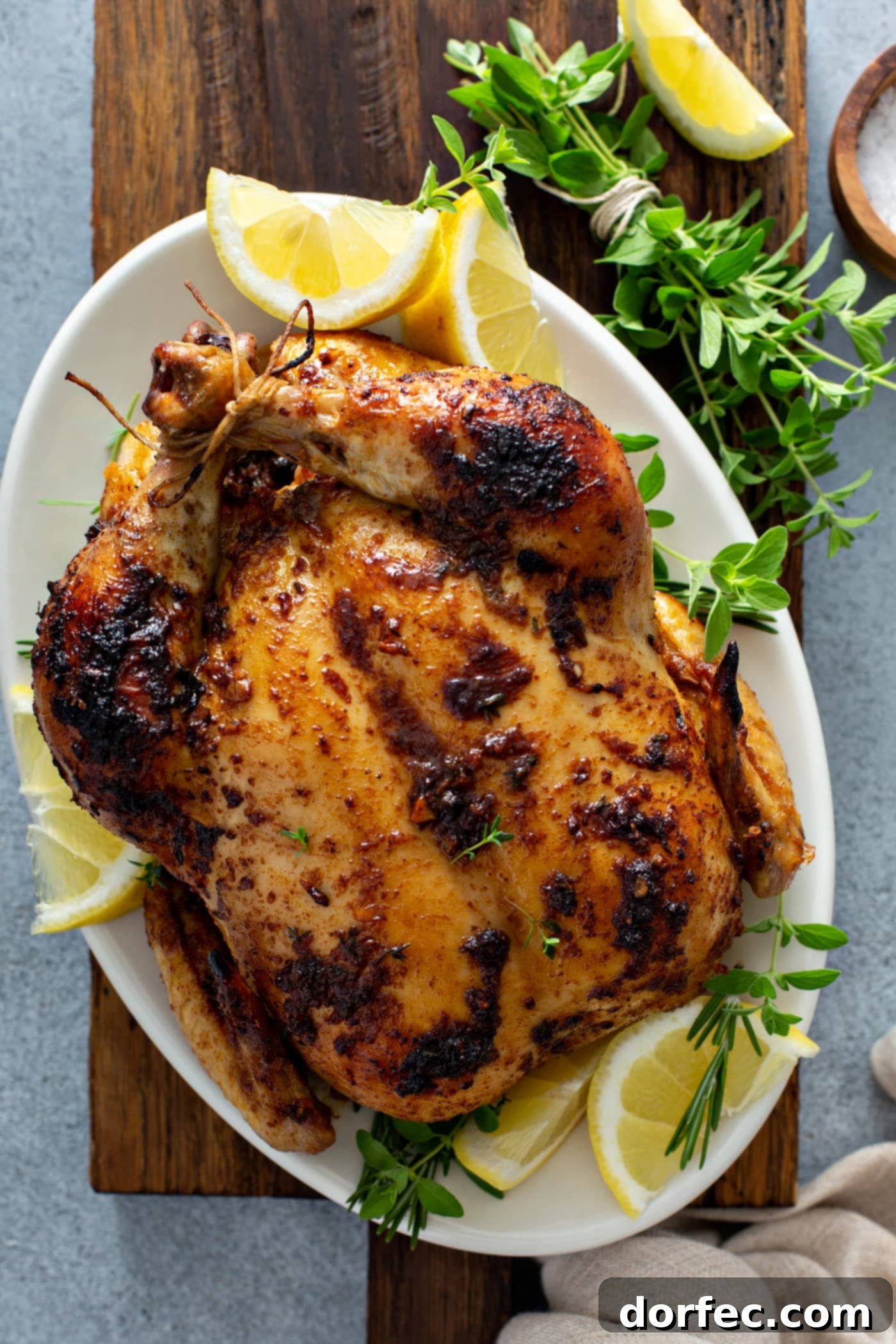 A magnificent whole chicken, roasted to a perfect golden brown, is presented on a pristine white platter. It's artfully adorned with several lemon slices and sprigs of fresh thyme, enhancing its visual appeal.