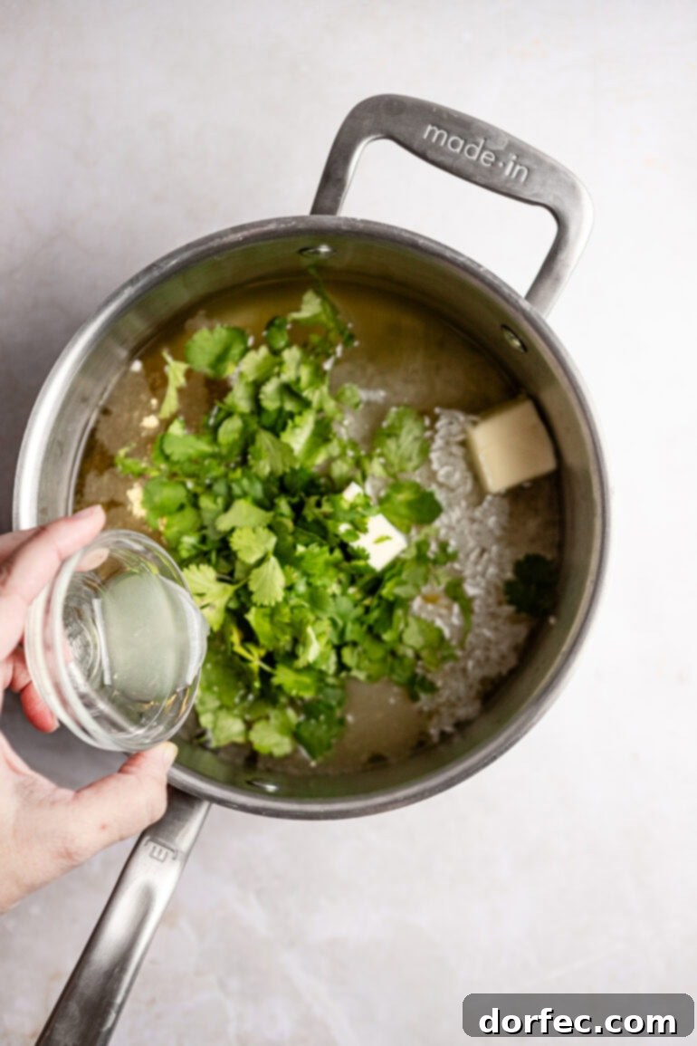 Step-by-step image of the rice mixture boiling in the saucepan.