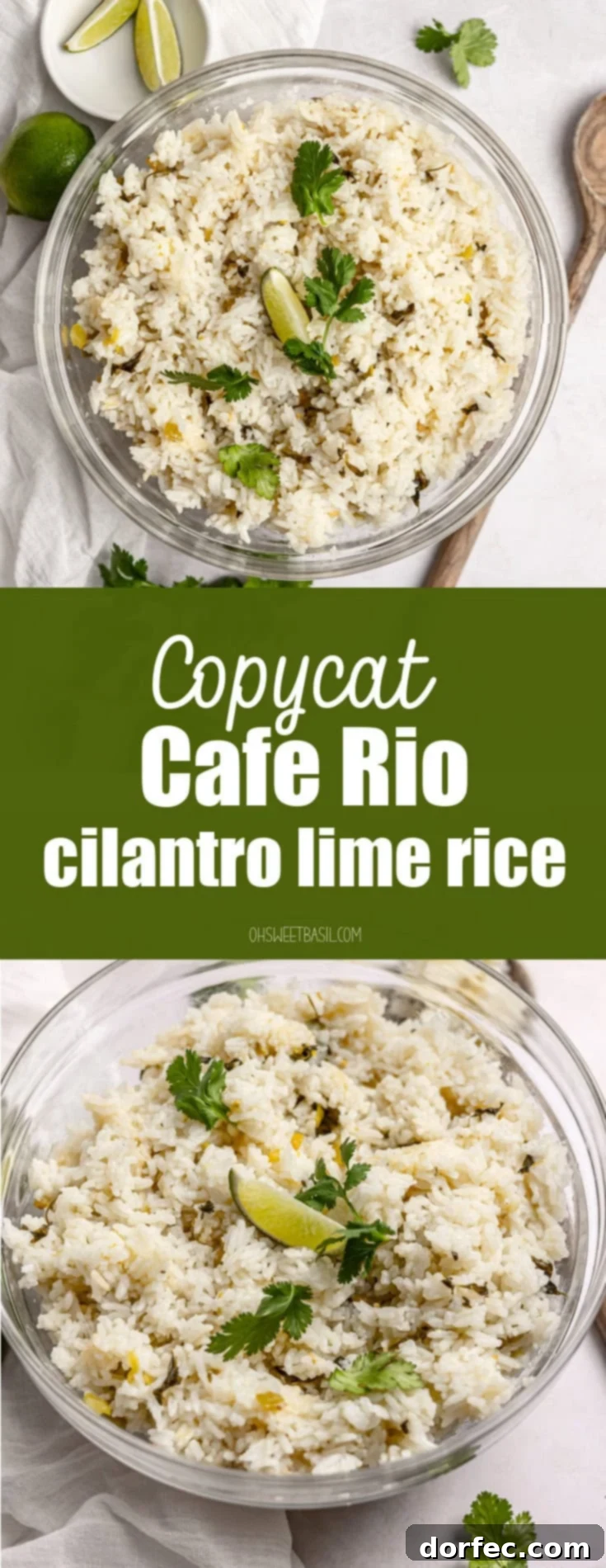 A large glass serving bowl full of fluffy cilantro lime rice, beautifully garnished with fresh cilantro and a vibrant lime wedge, ready to complement any Mexican dish.