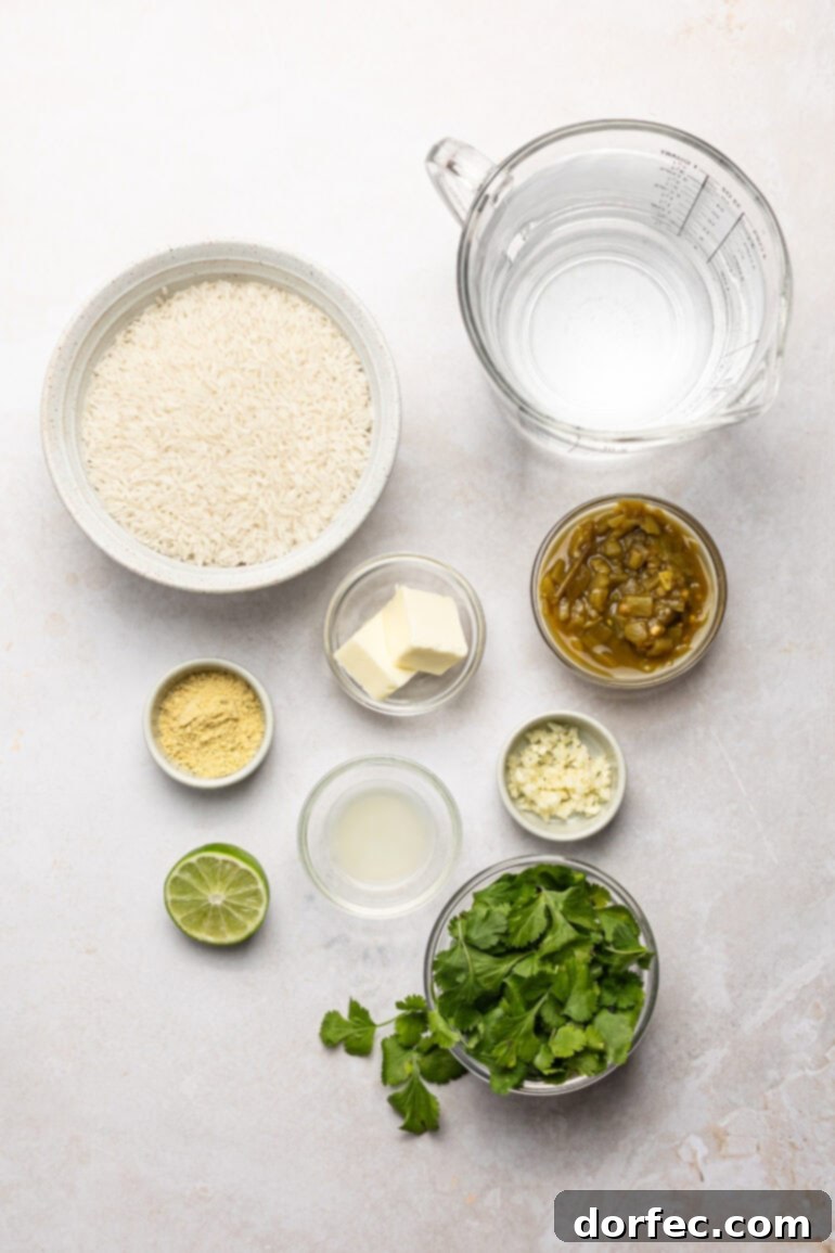 An overhead shot showcasing all the fresh ingredients laid out in small bowls: rice, water, diced green chiles, cilantro, minced garlic, lime juice, butter, and chicken bouillon, ready for cooking.