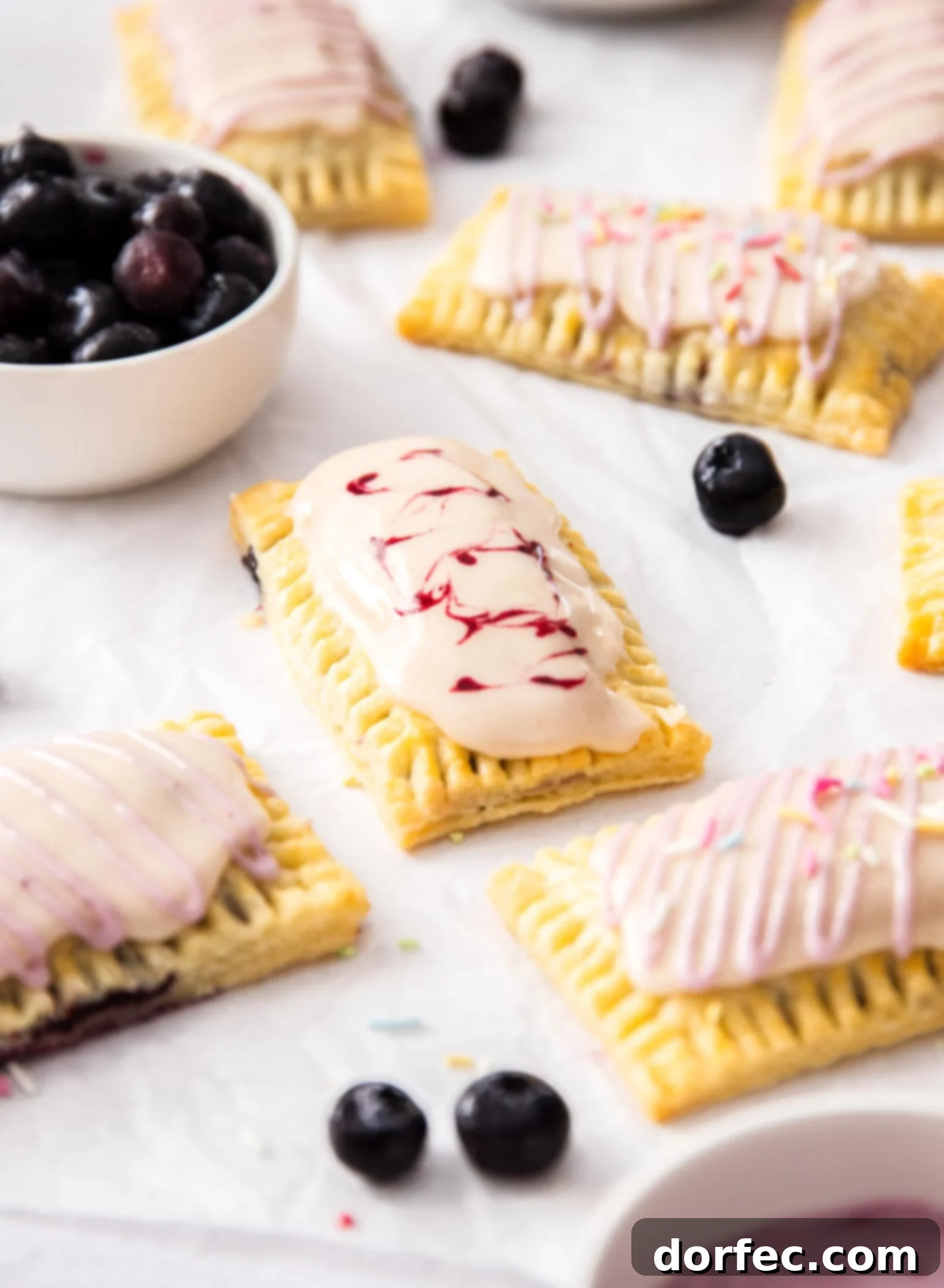 A batch of golden-brown homemade pop tarts cooling on a sheet of white baking paper, with a small white bowl of fresh blueberries nearby.