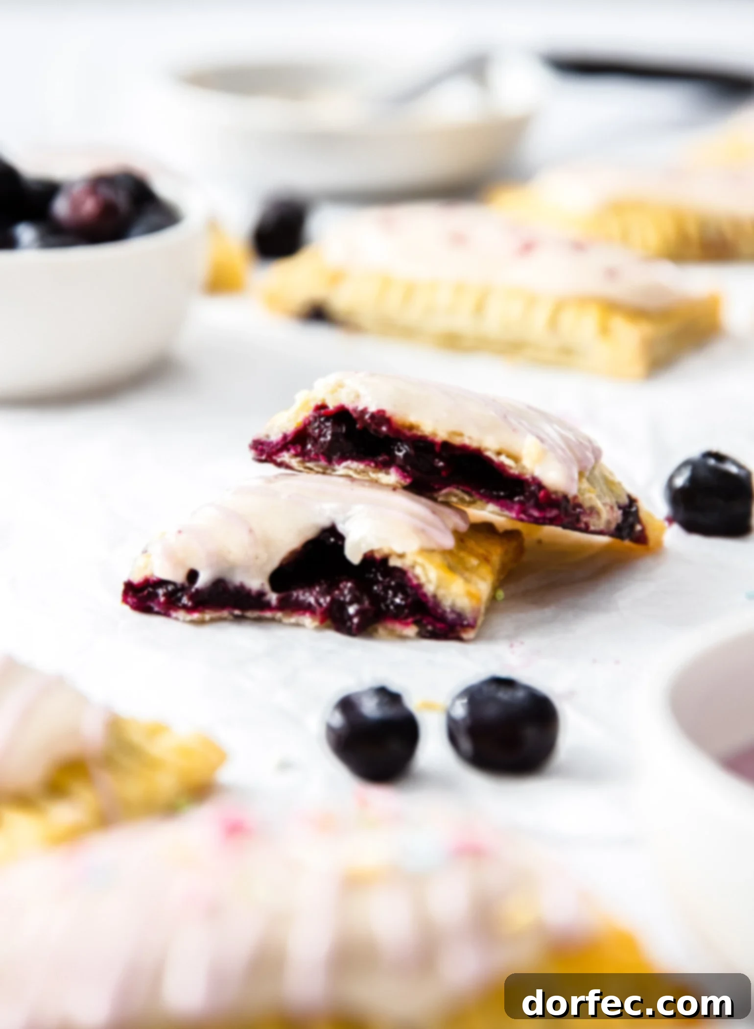 A blueberry pop tart that's been broken in half showing the rich purple filling, highlighting the juicy blueberry center.