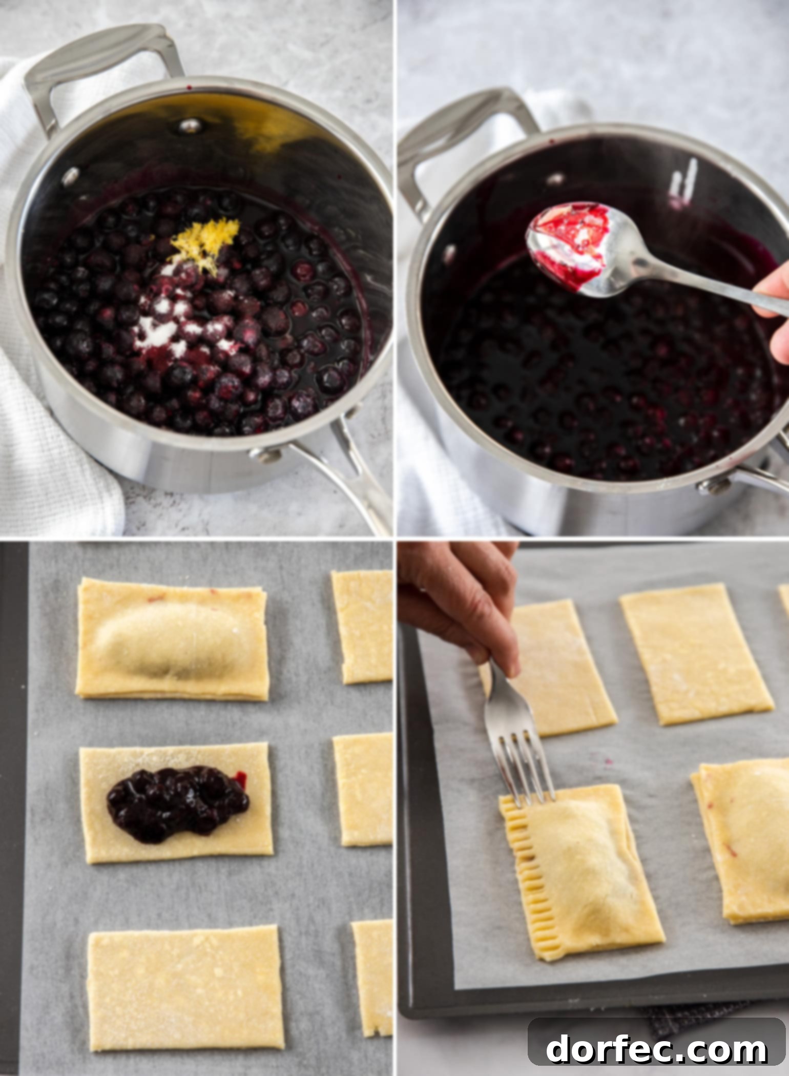 A collage of 4 images showing the process of making blueberry pop tarts: fresh blueberries in a saucepan, then little squares of pie crust on a baking tray ready for filling.