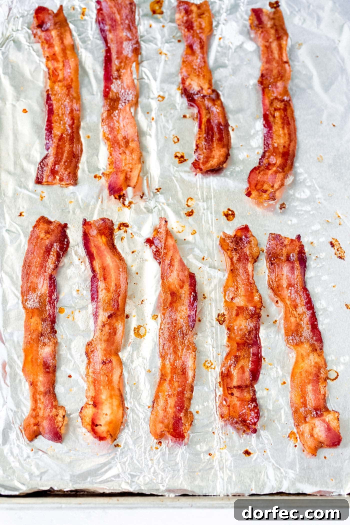 Perfectly crisp bacon on a baking tray lined with foil.
