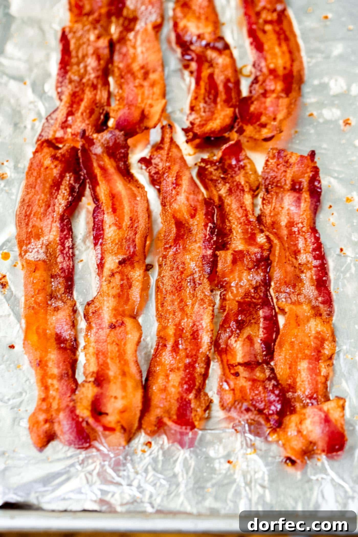 Slices of perfectly crisp bacon on a baking sheet lined with foil.