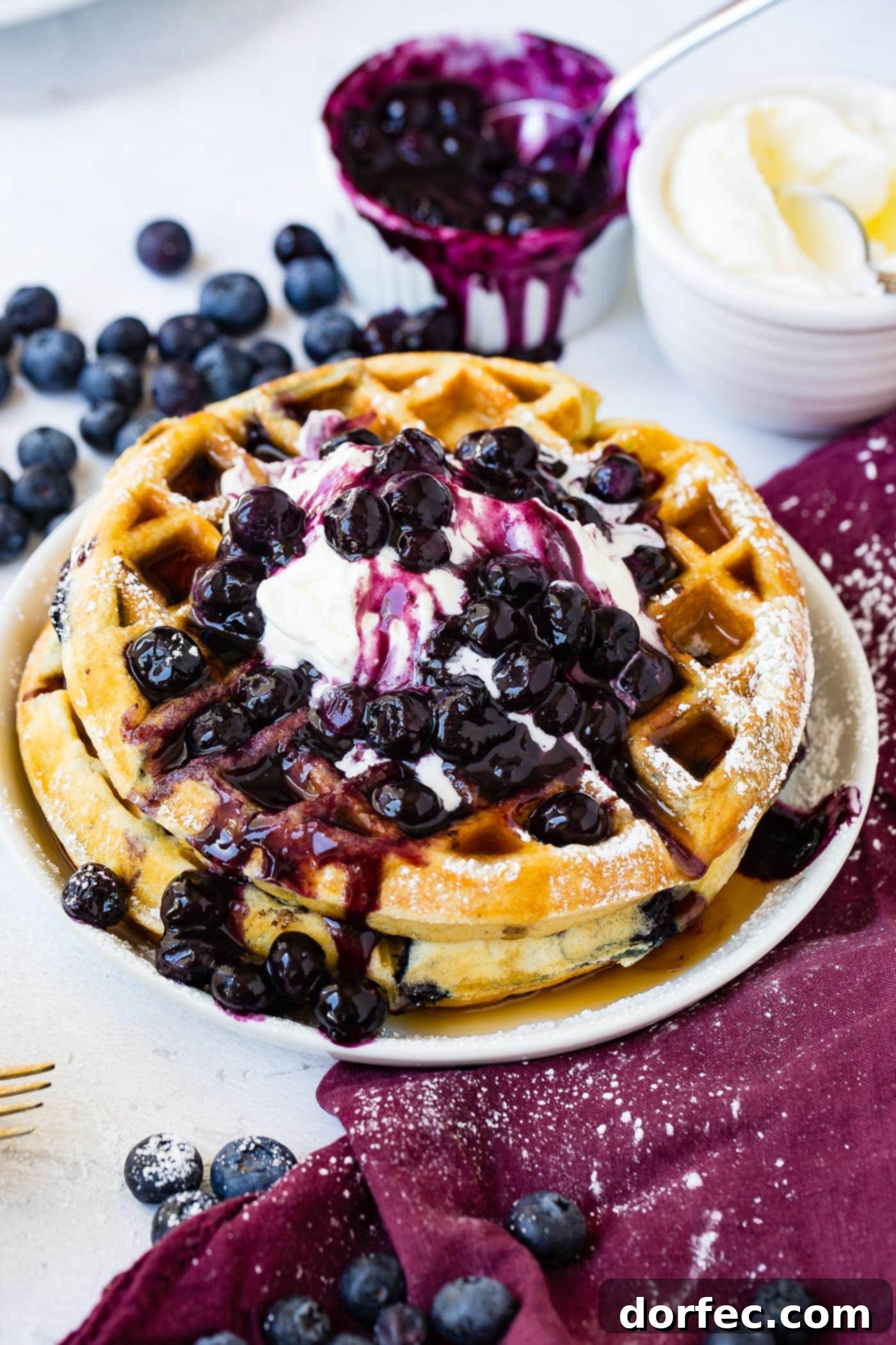 Blueberry Waffles A delectable stack of golden blueberry waffles is artfully arranged on a deep wine-colored napkin, set on a rustic wooden table. The waffles are generously topped with a dollop of whipped cream and a scattering of fresh blueberries. In the background, a small white bowl of additional blueberries and another bowl of whipped cream hint at further indulgence, creating an inviting and luxurious breakfast scene.