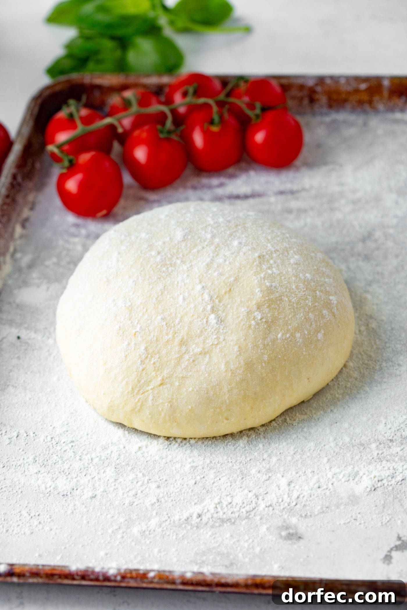 A ball of pizza dough with cherry tomatoes in the background.
