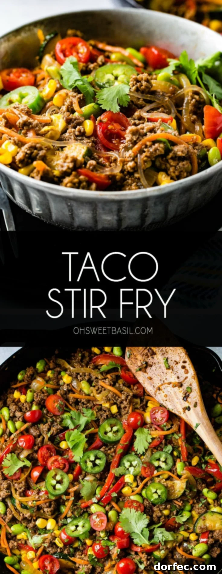 A bowl of taco stir fry. The stir fry contains corn, zucchini, jalapenos, tomatoes, pasta, and ground beef.