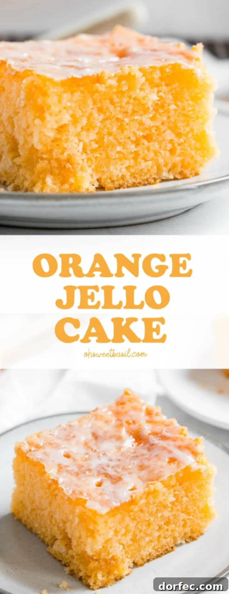 A freshly baked Orange Jello Cake with a glistening orange glaze, sliced and ready to serve.