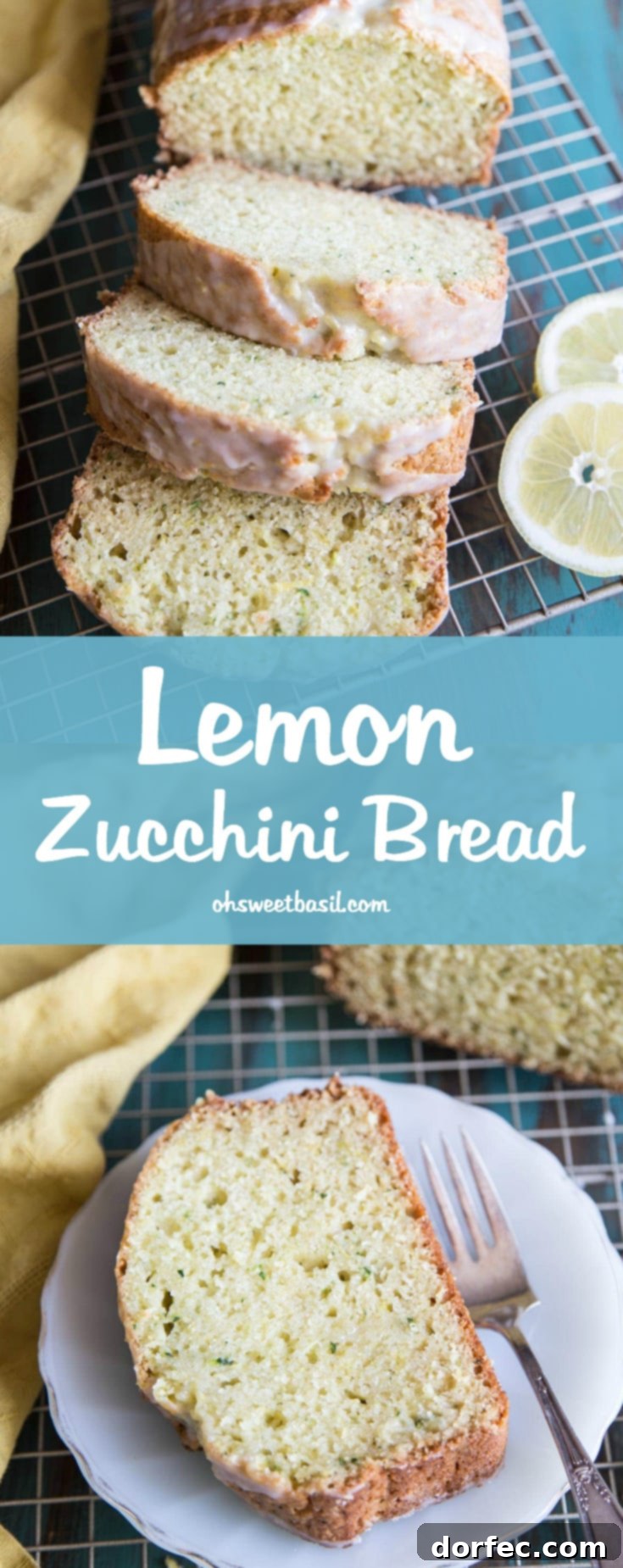 Close-up of a sliced lemon zucchini bread on a wire rack, showing its moist texture and lemon glaze