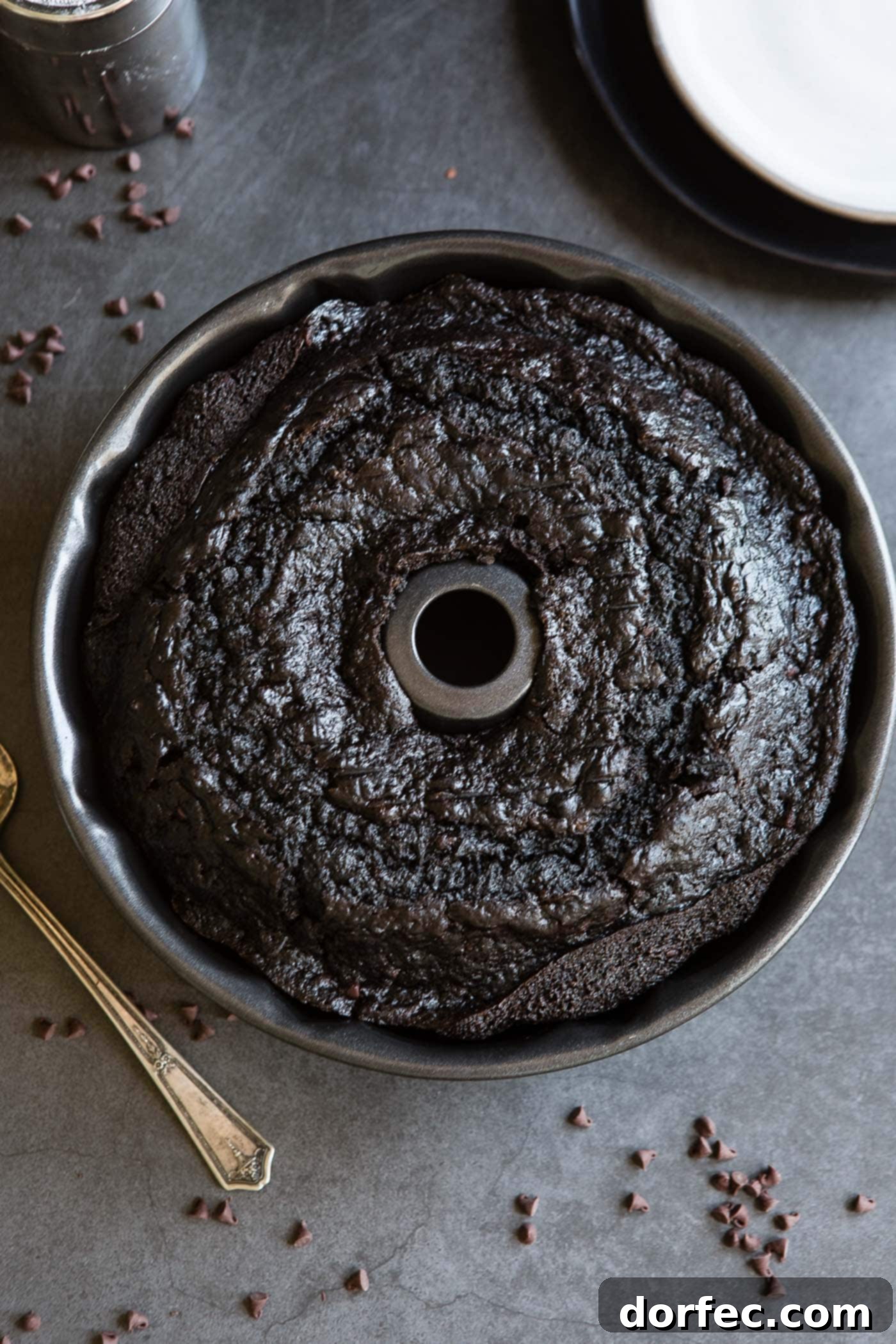 A baked zucchini chocolate bundt cake in a bundt pan. A cake server and mini chocolate chips are on the table next to the cake.