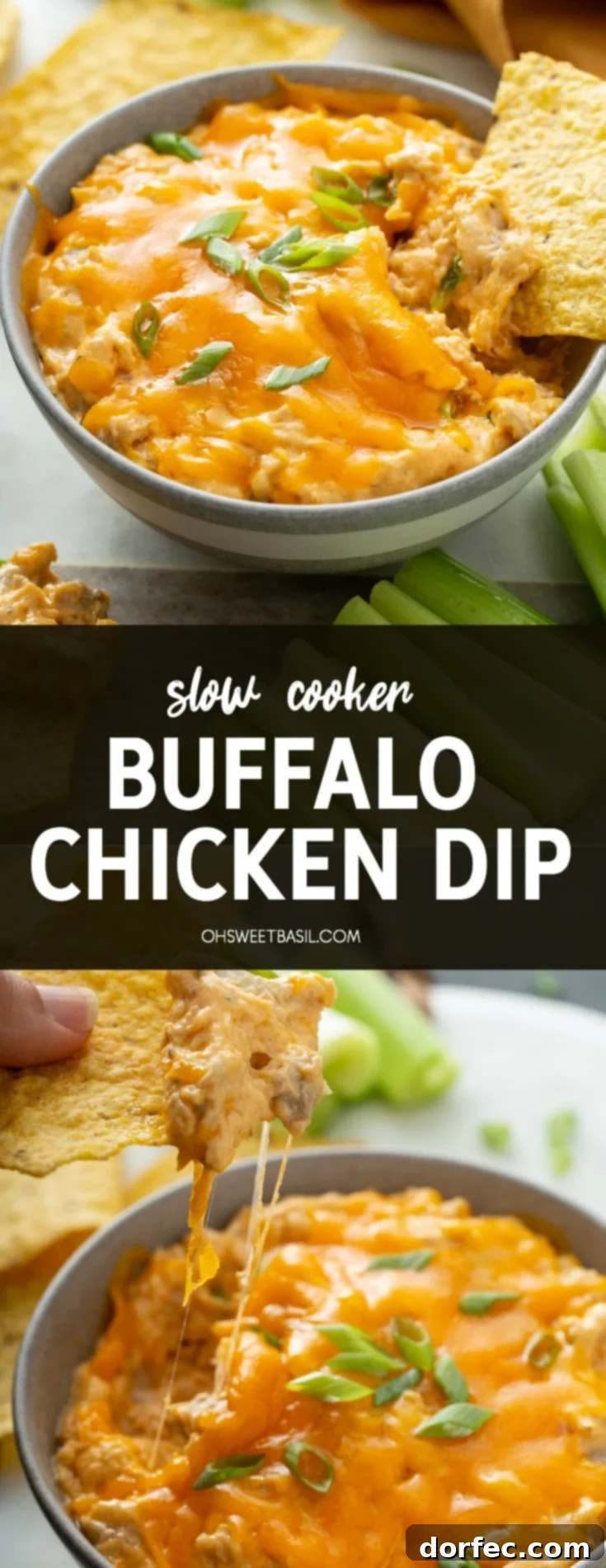 Ultimate Slow Cooker Buffalo Chicken Dip 3 A full bowl of Slow Cooker Buffalo Chicken Dip, with a chip being dipped into the creamy, melty cheese. A variety of dippers, including chips and celery, are spread around the bowl, indicating a perfect party setup.