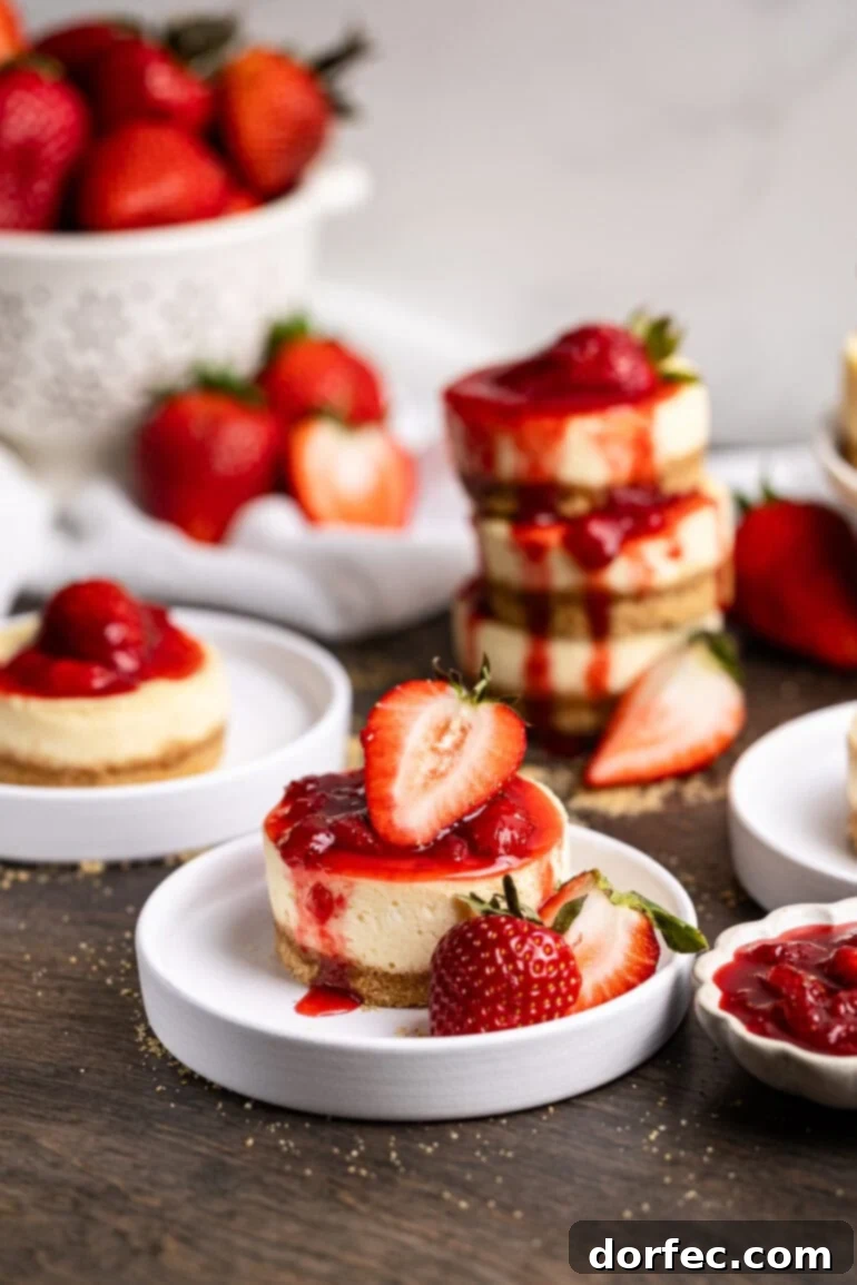 Strawberry Cheesecake Bites 2 A plate of mini strawberry cheesecakes with golden graham cracker crusts and creamy white filling, beautifully topped with fresh sliced berries and a dollop of bright red strawberry sauce. In the background, a stack of more mini cheesecakes, lavishly covered in berry topping, awaits.