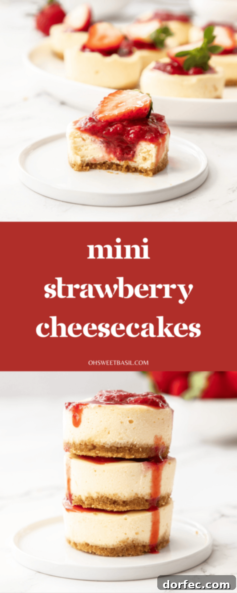 Strawberry Cheesecake Bites 10 A stunning close-up of individual mini cheesecakes, artfully swirled with bright red strawberry sauce and generously topped with fresh, vibrant strawberries, showcasing their delicious appeal.