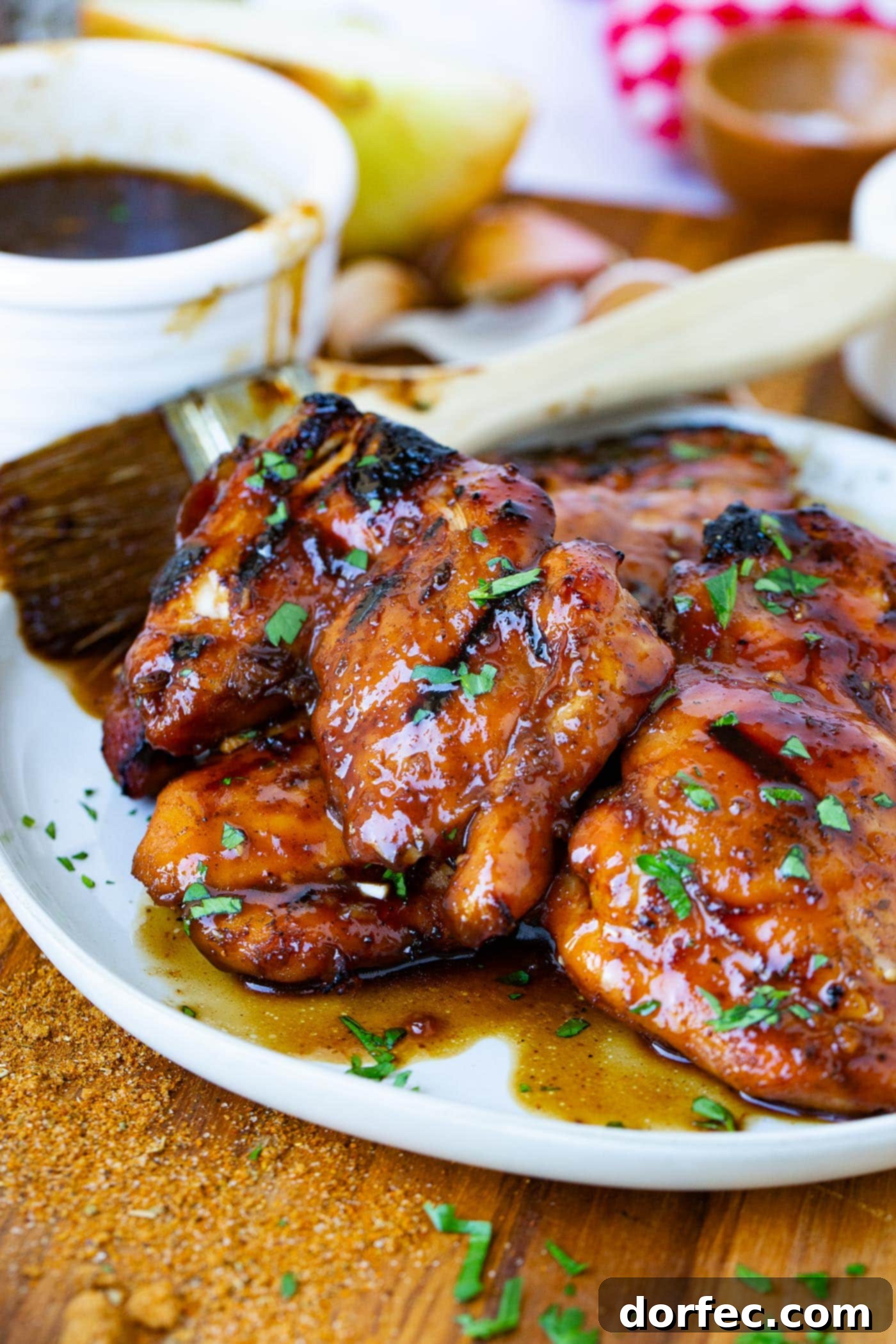 A plate with marinated, smoked chicken thighs. A brush dripping with marinade is next to the chicken and a bowl of marinade is in the background.