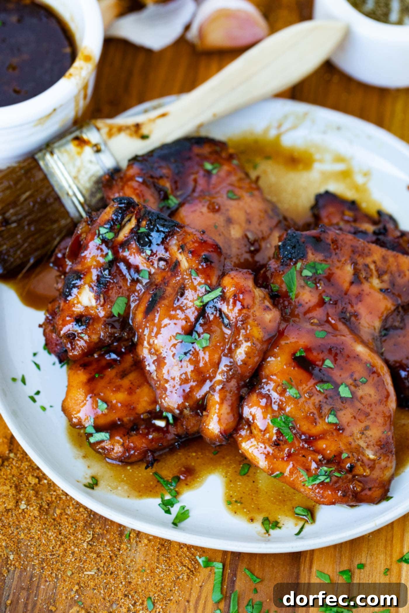 A serving plate filled with marinated, smoked chicken thighs. There is juicy marinade on the plate and the thighs are sprinkled with fresh green herbs.