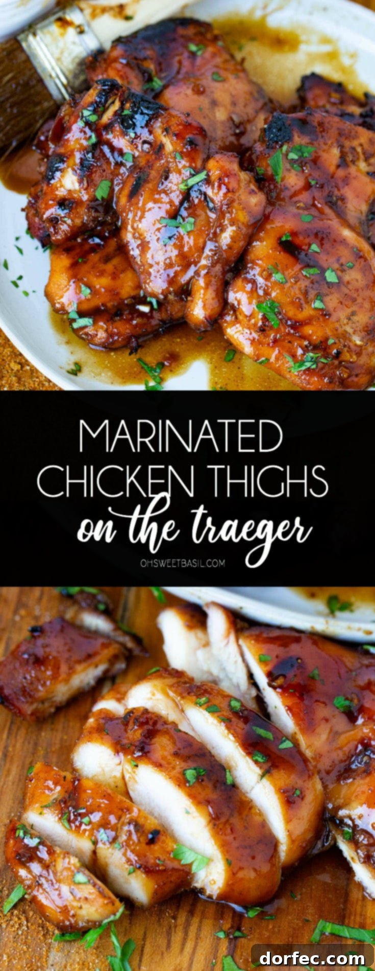 A serving plate filled with juicy marinated smoked chicken thighs. Copped parsley is sprinkled on top of the chicken and a sliced chicken thigh is on the cutting board next to the plate of chicken.