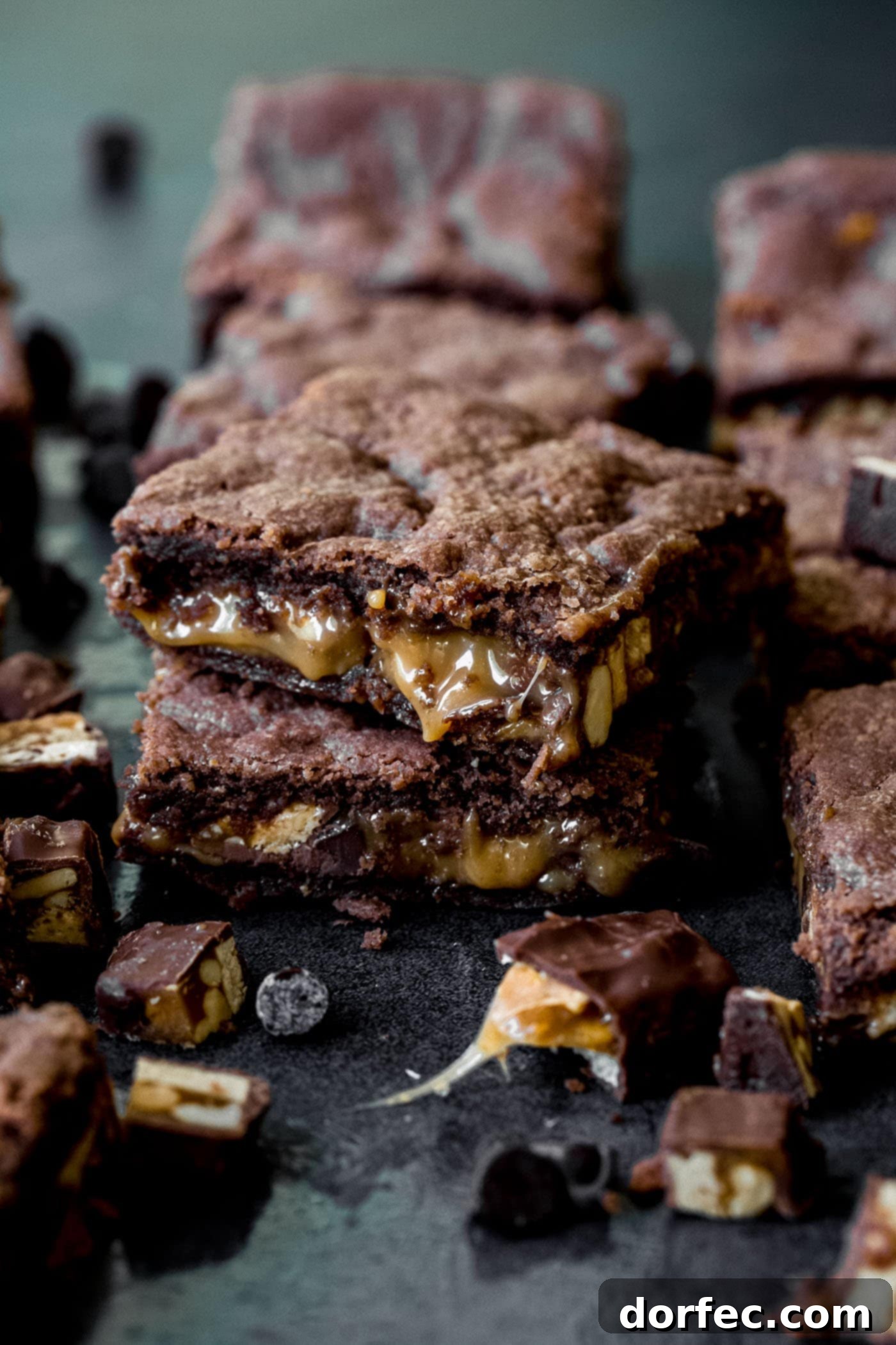 Snickers Brownies A stack of cut brownies filled with melted caramel, chocolate chips and snickers candy bars. There are chocolate chips and chopped candy bars scattered around the brownies.