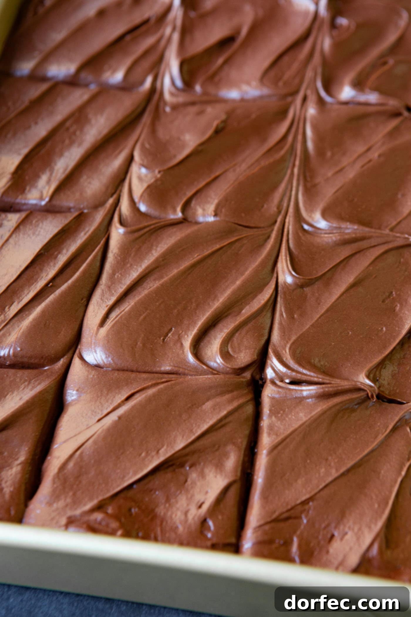 A beautiful top-down view of a moist chocolate zucchini cake, generously topped with a smooth, rich chocolate cream cheese frosting. The cake has been cut into squares, but none have been removed yet, showcasing its pristine appearance.