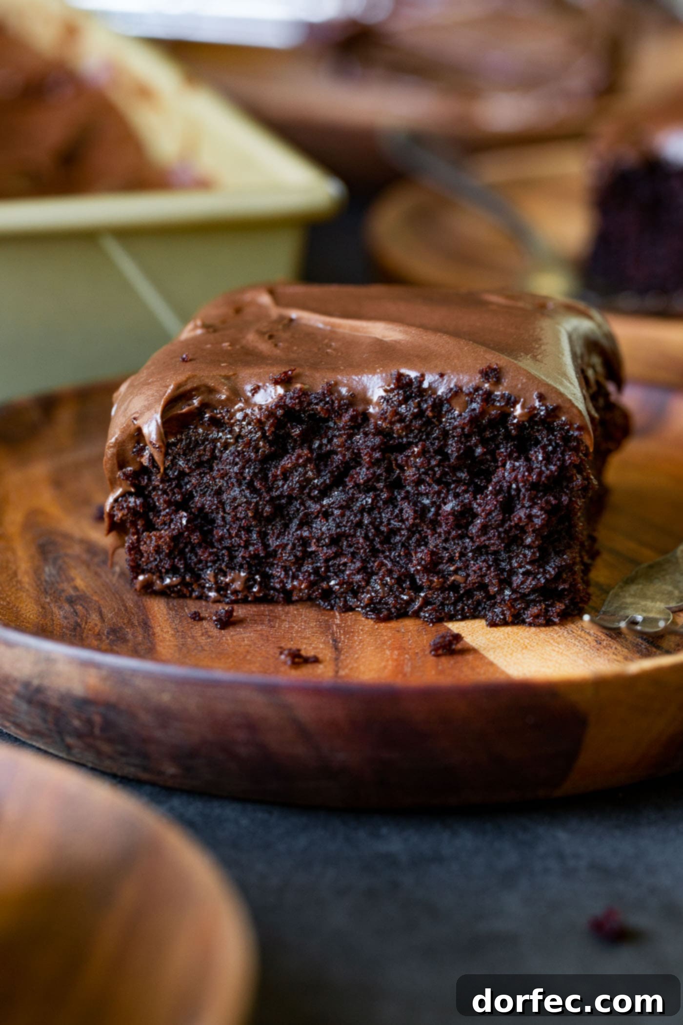 A beautifully presented slice of moist chocolate zucchini cake, featuring a rich, dark crumb and a generous swirl of creamy chocolate cream cheese frosting, resting elegantly on a wooden dessert plate.