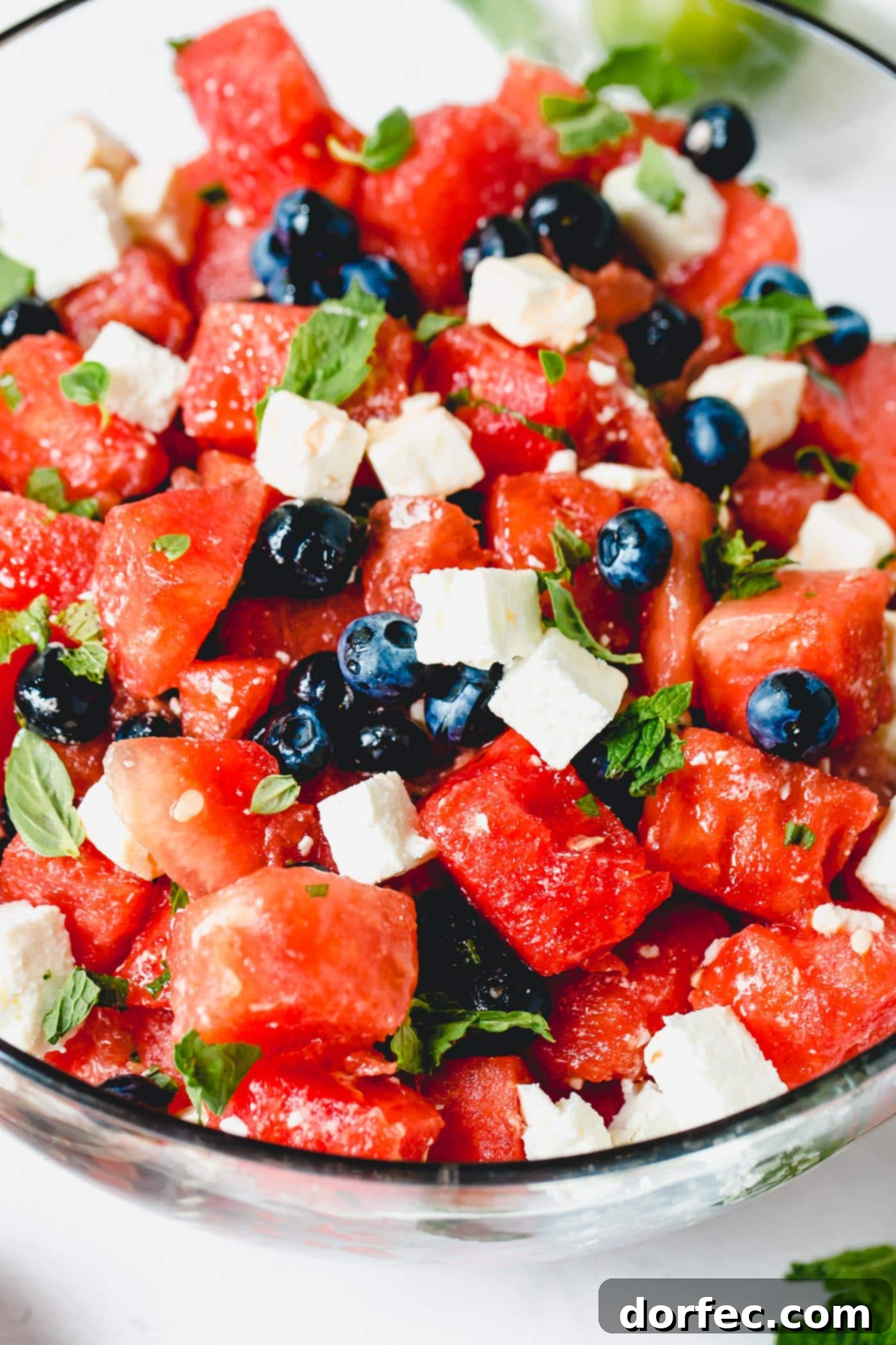 Blueberry Feta Watermelon Salad A close-up view of the refreshing blueberry feta watermelon salad, showcasing bright red watermelon, dark blueberries, and white feta cheese, beautifully accented with green basil and mint leaves.