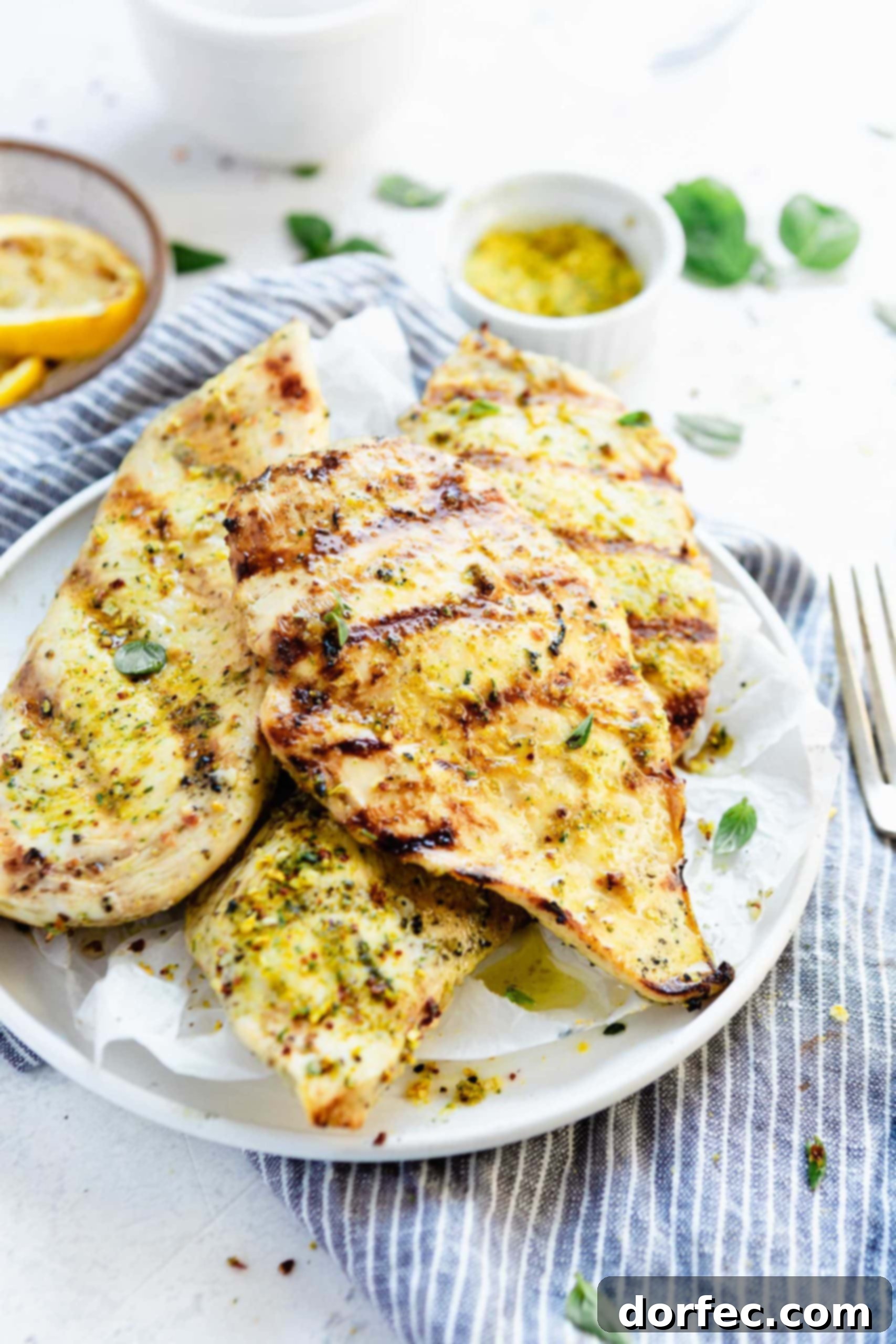 A beautifully plated dish of grilled chicken breasts, garnished with grilled lemon slices and fresh herbs. A knife and fork are set beside the plate, hinting at a delicious meal.