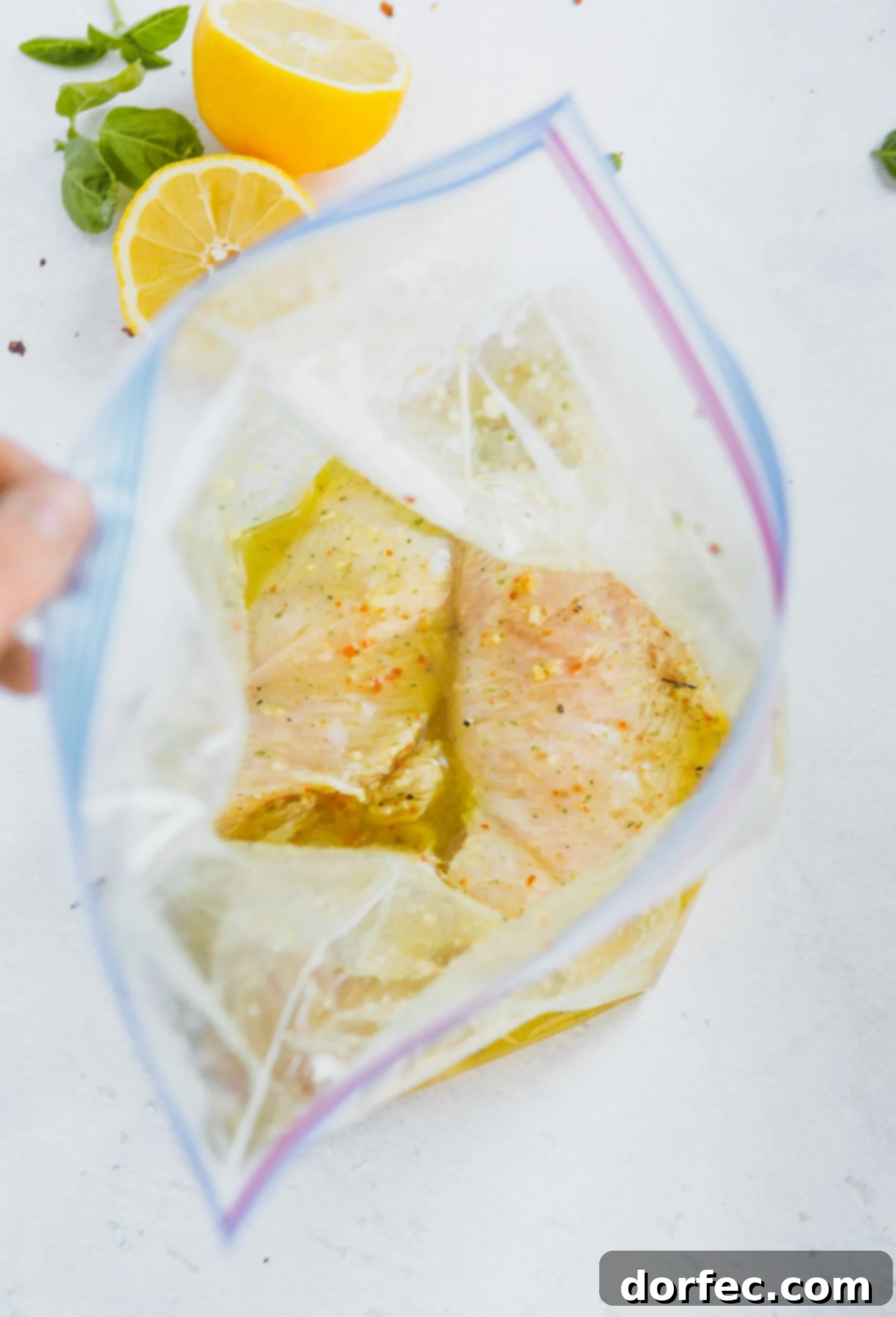Chicken breasts soaking in a rich, amber-colored marinade within a resealable plastic bag, ready for grilling.
