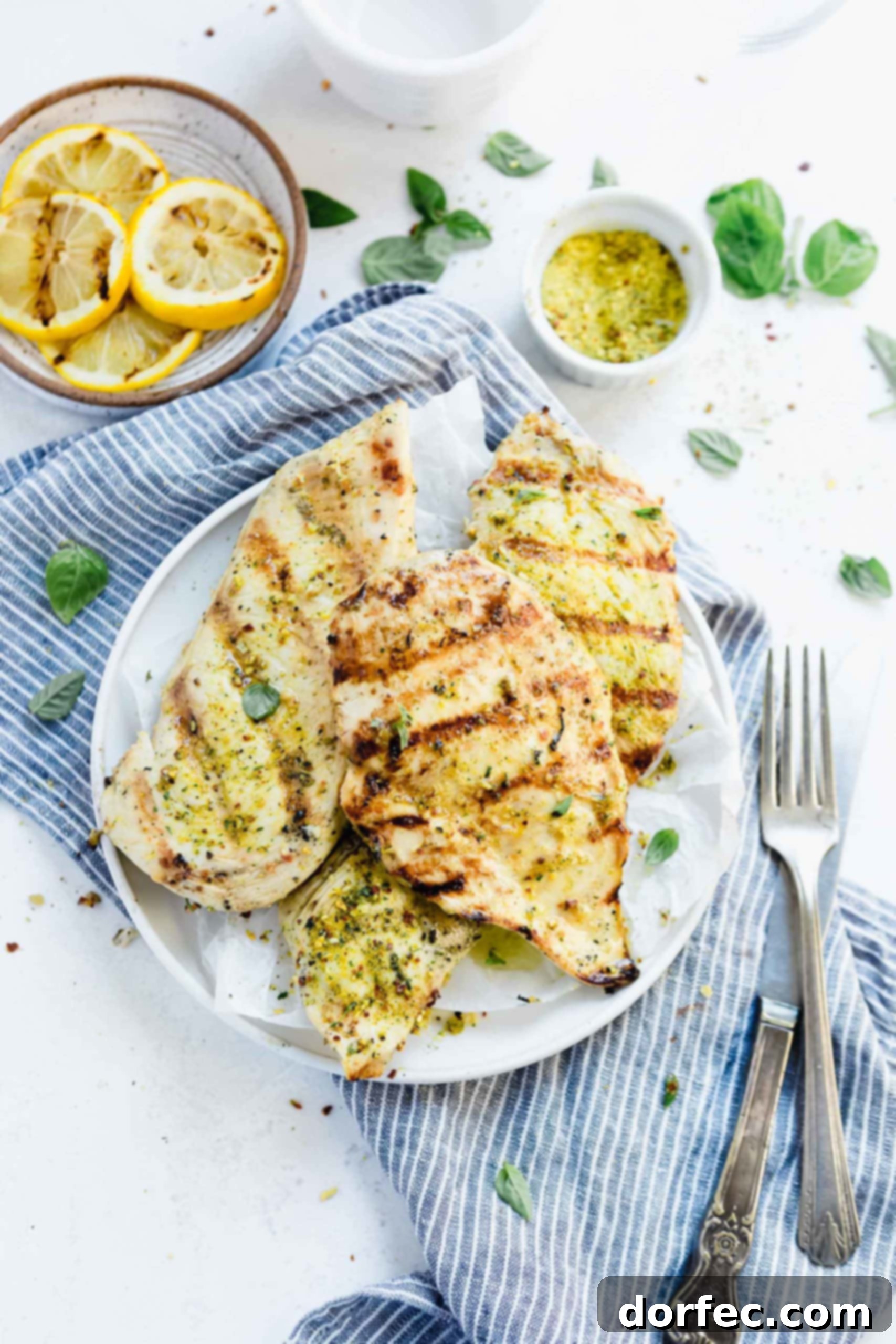 Close-up of a perfectly grilled chicken breast, sliced and arranged on a plate, with charred lemon halves and fresh herbs in the background.
