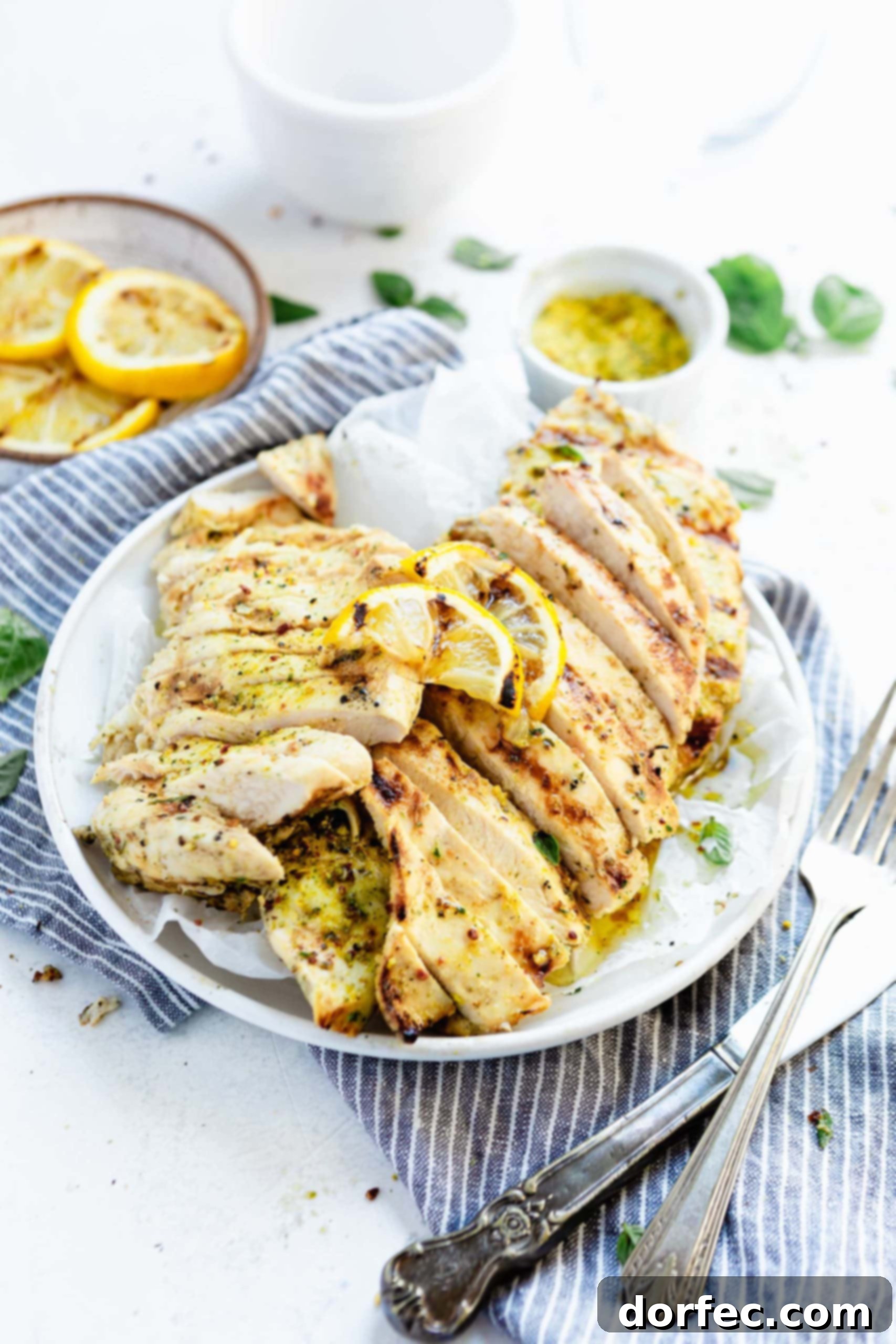 A plate of expertly sliced grilled chicken breasts resting on a vibrant blue and white striped cloth, accompanied by a knife and fork and blurred lemon slices in the background.