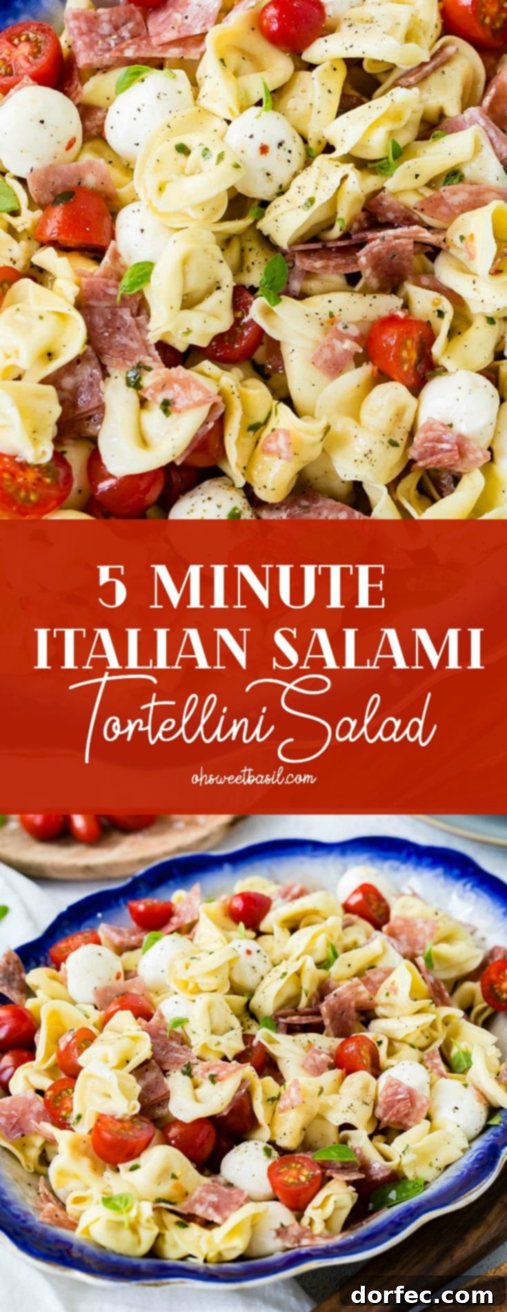 Zesty 5-Minute Salami Tortellini Salad 2 A blue edged serving dish of 5 minuted Italian salami tortellini salad. There are chunks of salami and slices of tomato in the tortellini. There are also mozzarella balls in the salad. A cutting board with grape tomatoes is in the background.